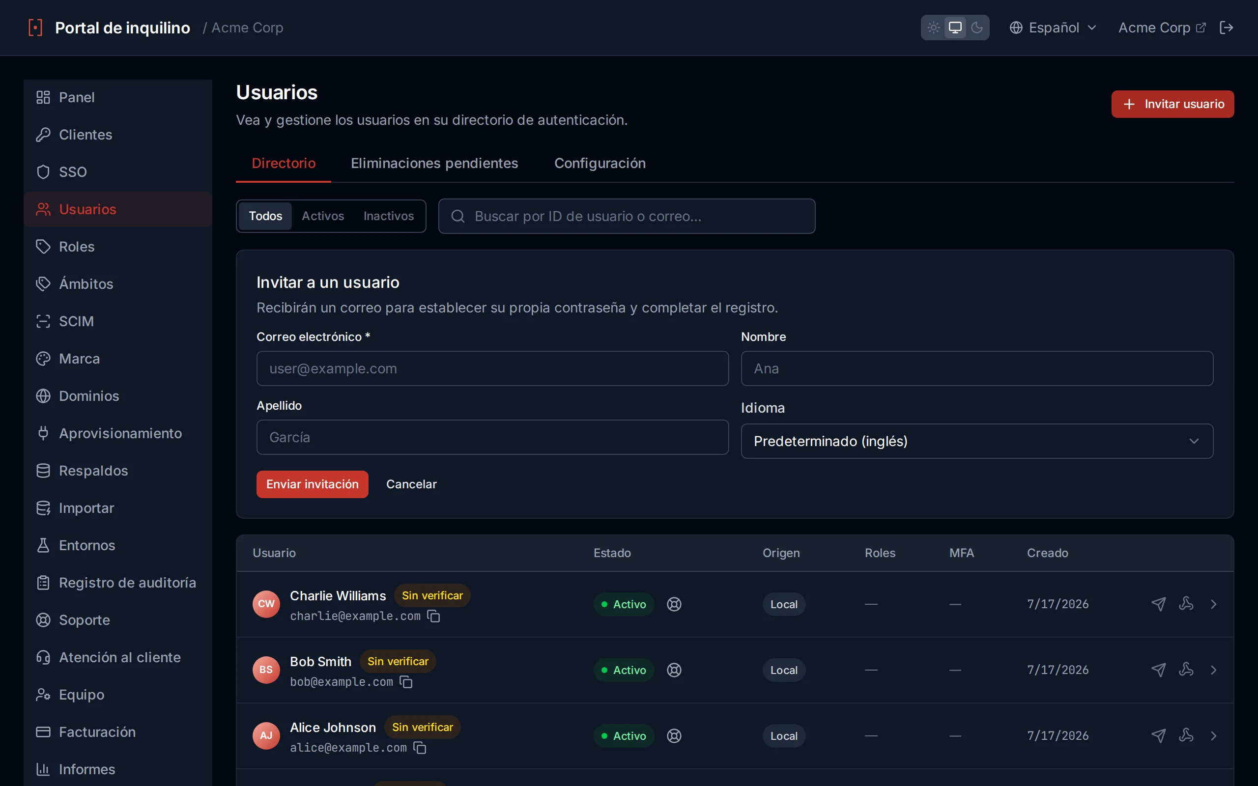 Create user form with email, password, first name, last name, and preferred Language fields