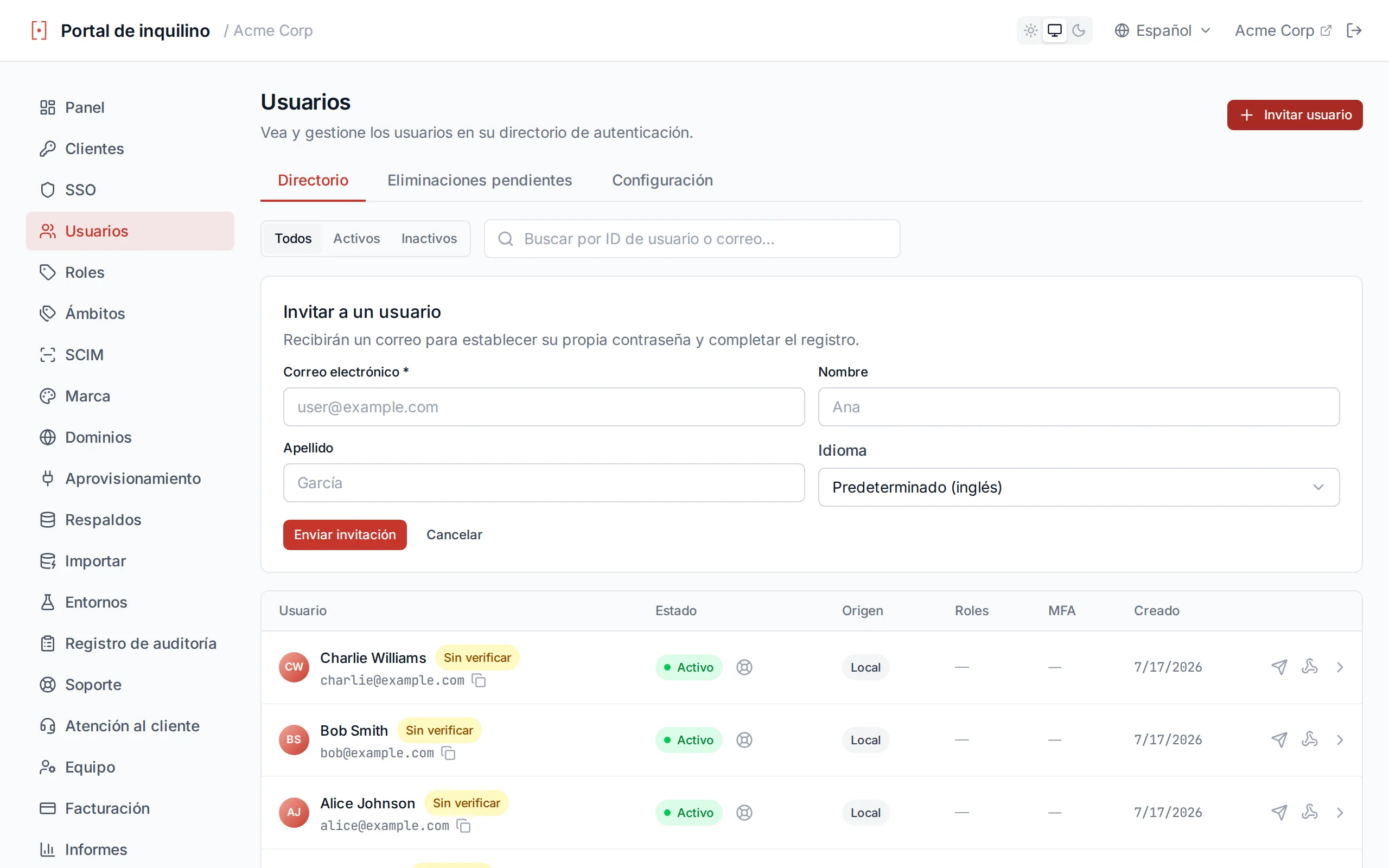 Create user form with email, password, first name, last name, and preferred Language fields