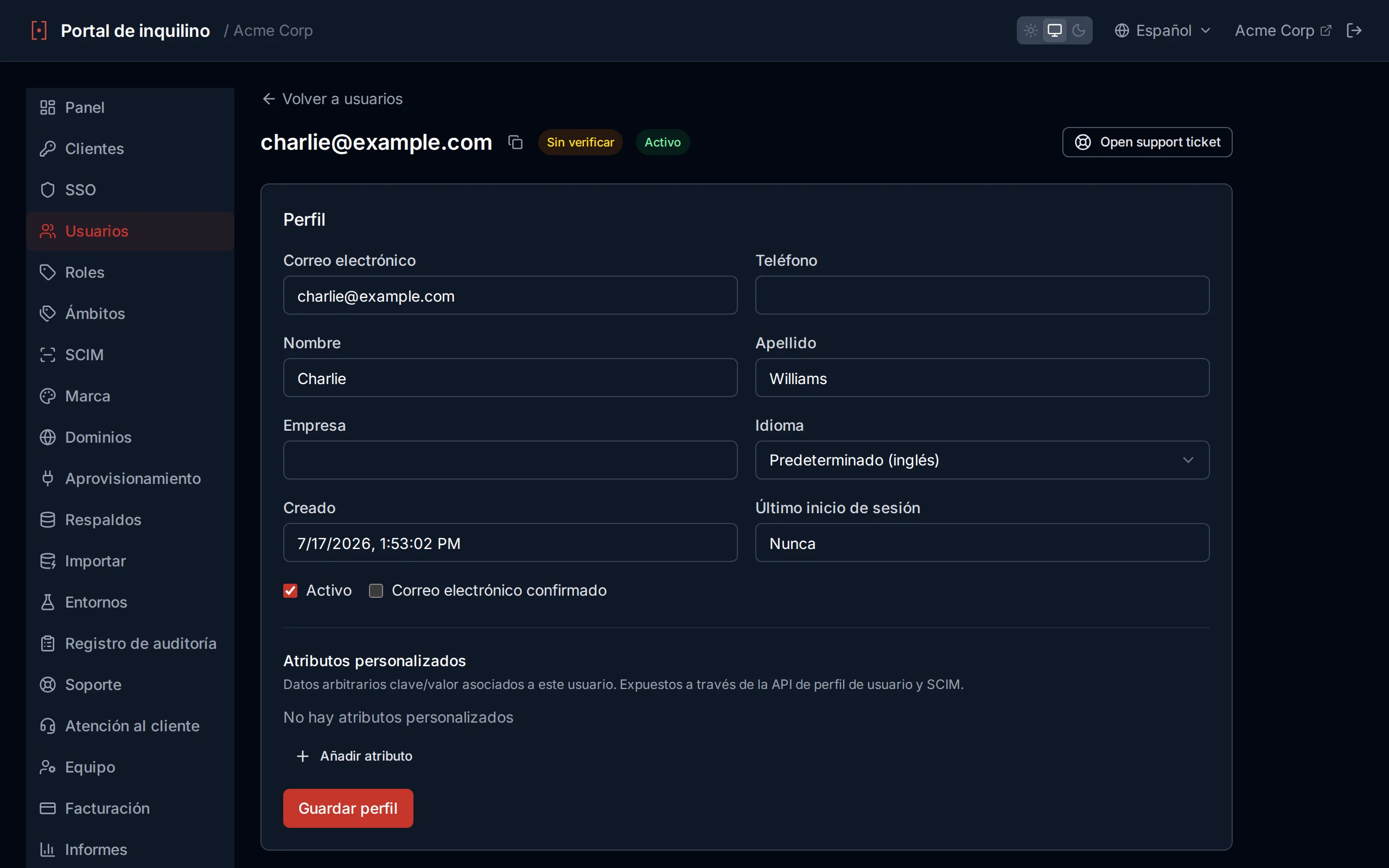 User detail edit form with profile fields including a preferred Language selector