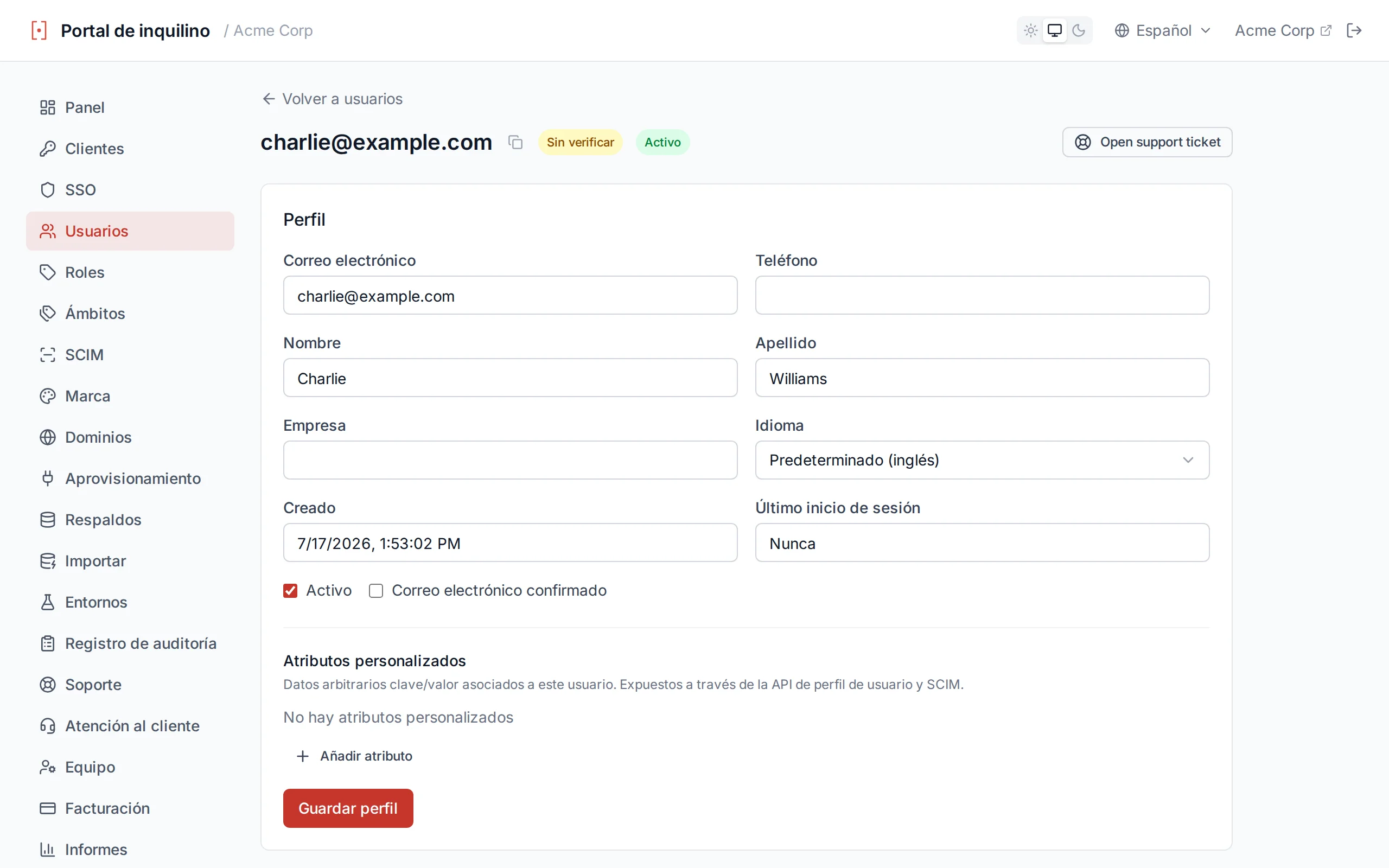 User detail edit form with profile fields including a preferred Language selector