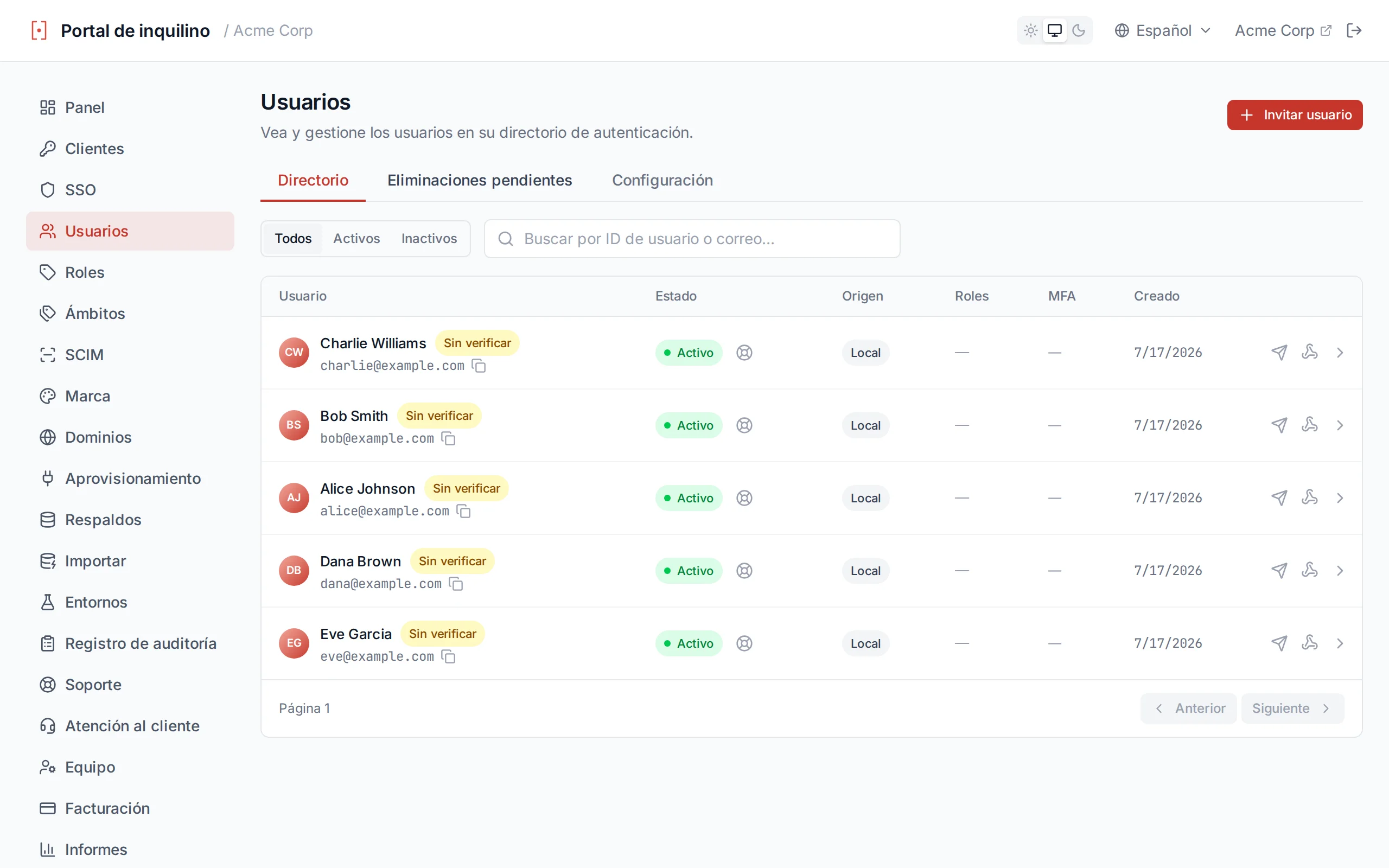 User list table with columns for email, user ID, name, status, MFA, source, and created date