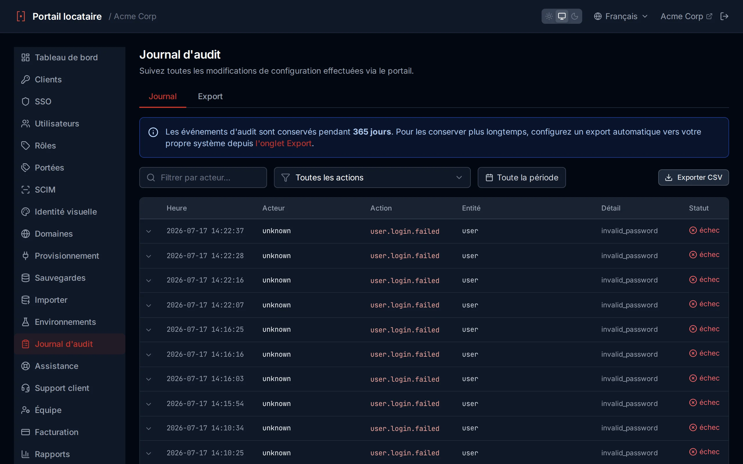 Audit log table showing timestamped administrative actions with actor, action, entity, and detail columns