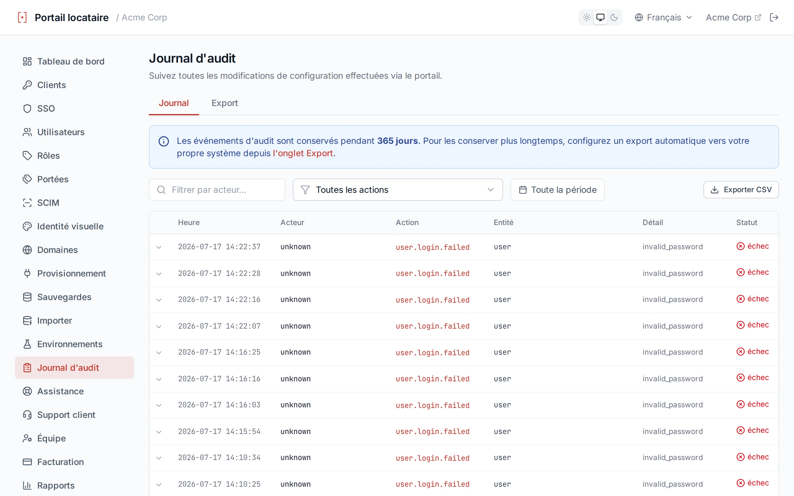 Audit log table showing timestamped administrative actions with actor, action, entity, and detail columns