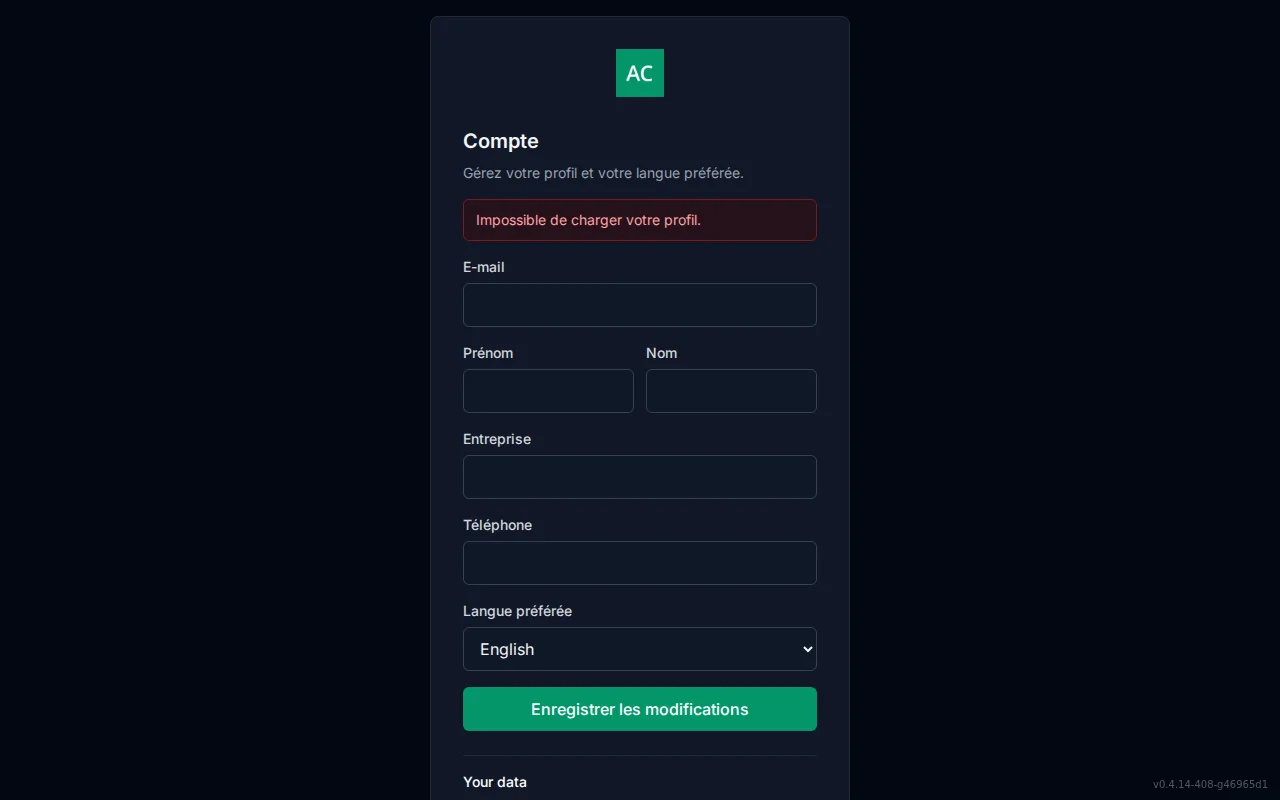 Self-service account screen with editable profile fields and a preferred Language selector