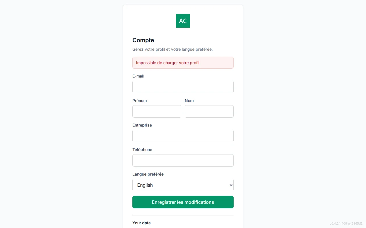 Self-service account screen with editable profile fields and a preferred Language selector