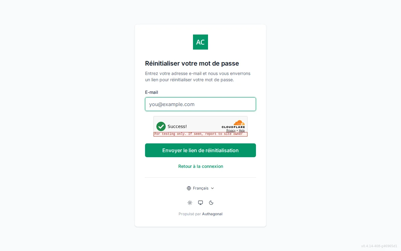 Forgot-password screen with an email field and a neutral check-your-email confirmation state