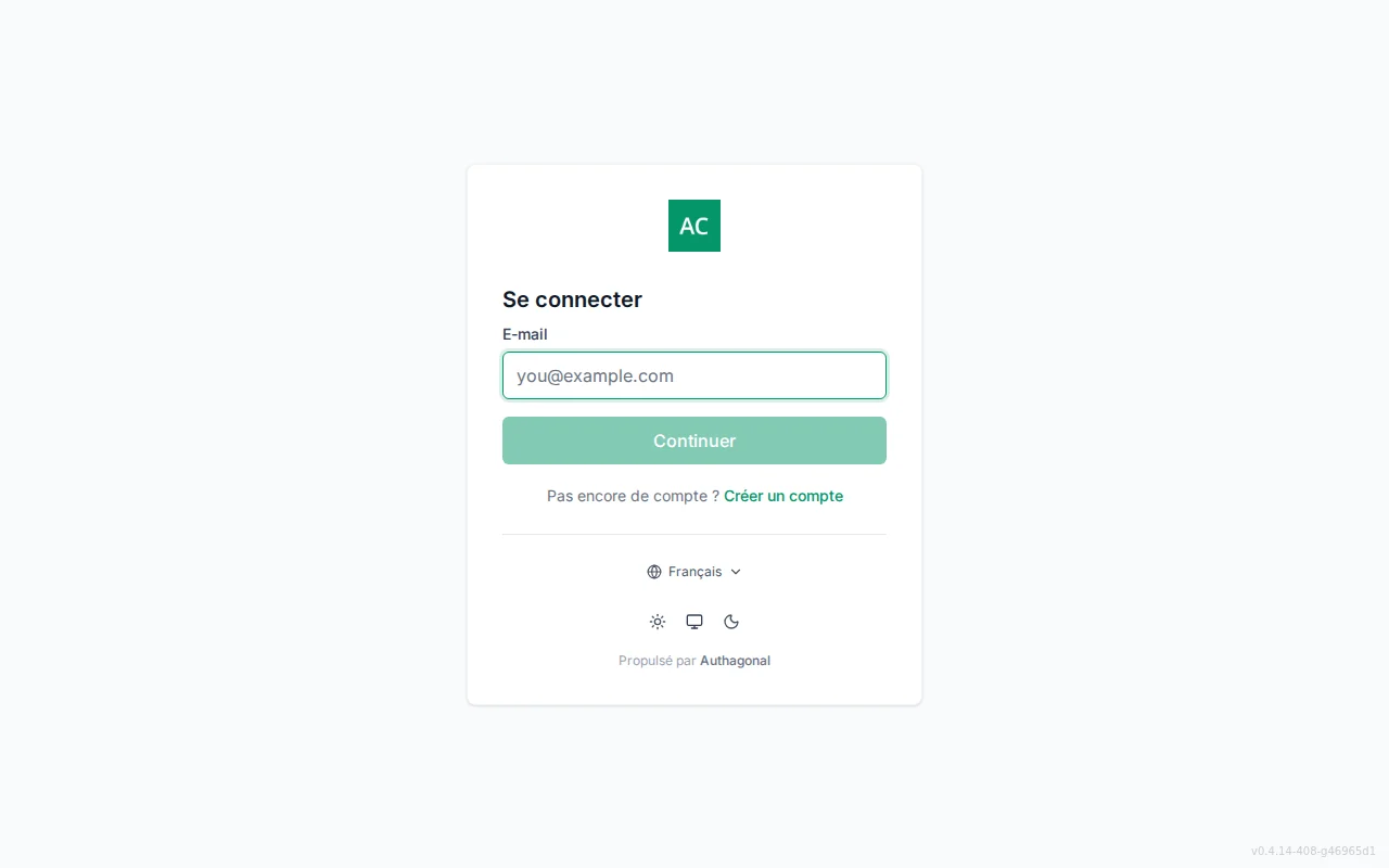 Hosted sign-in screen with an email field, Continue button, single sign-on provider buttons, and forgot-password and create-account links
