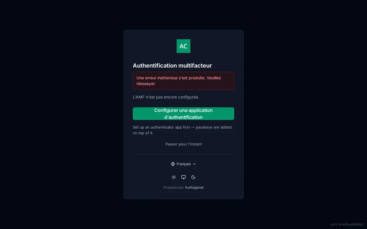 MFA setup screen showing enrolled-method status, authenticator QR code and manual key, passkey enrolment, and recovery-code generation