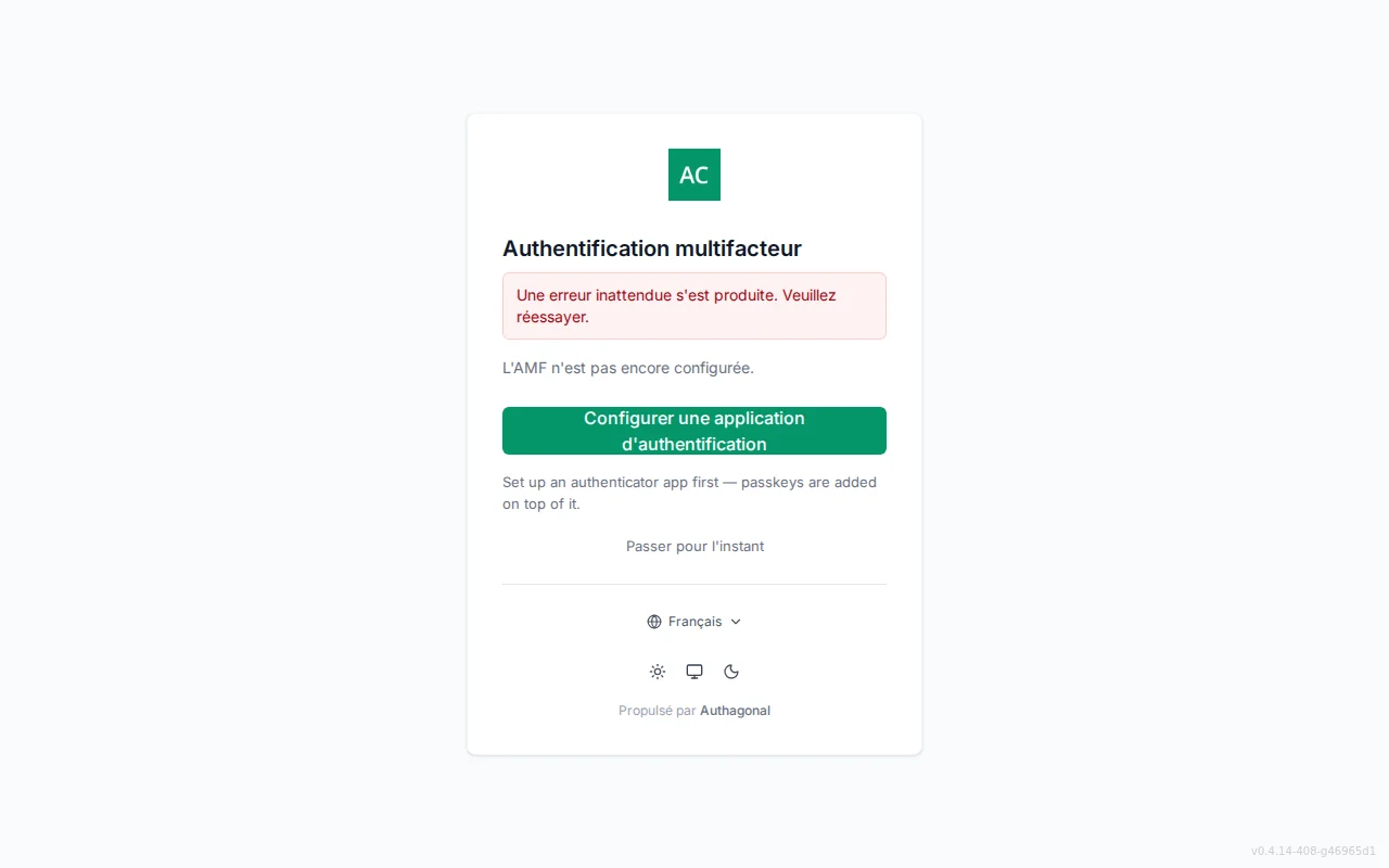 MFA setup screen showing enrolled-method status, authenticator QR code and manual key, passkey enrolment, and recovery-code generation