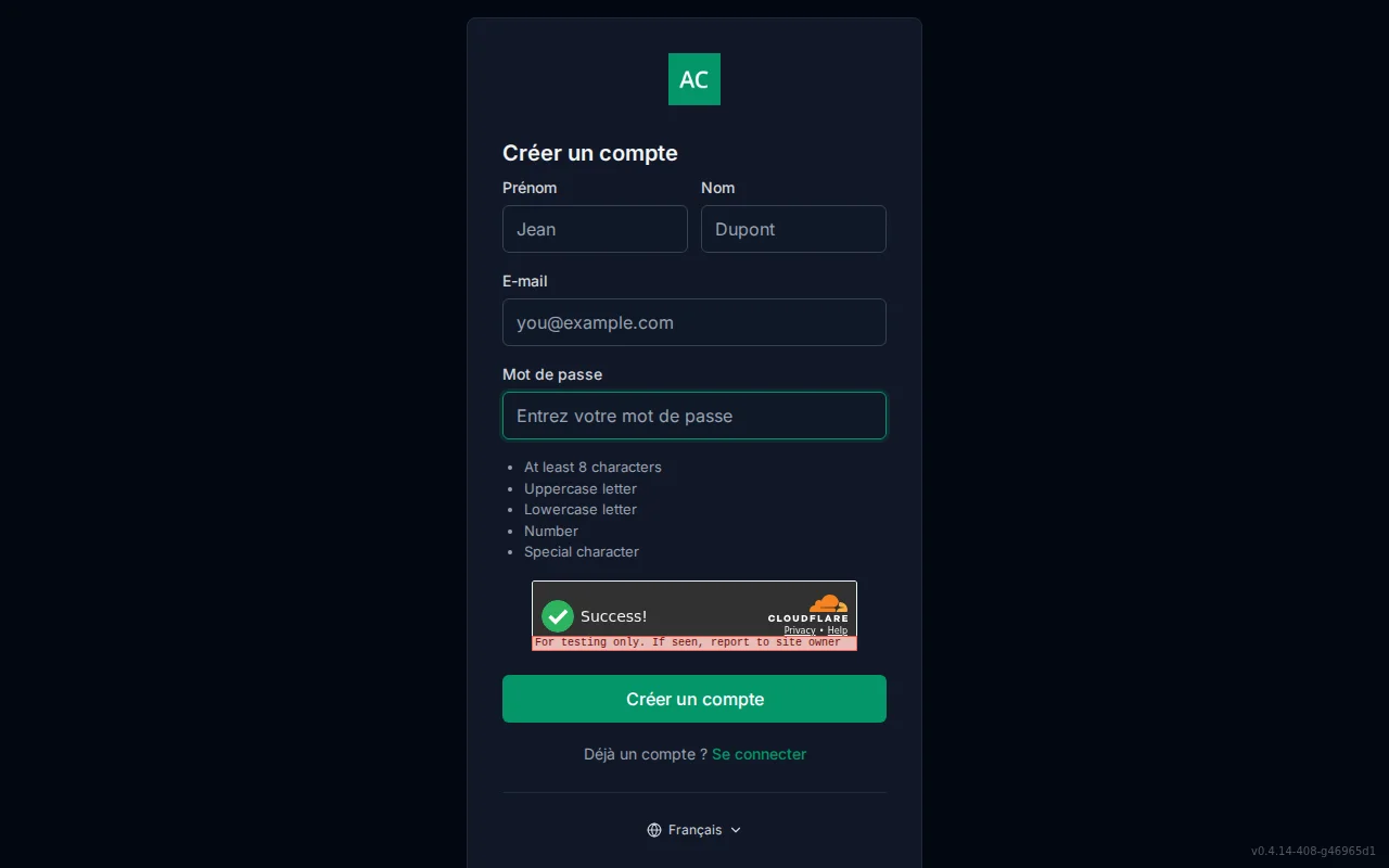 Account registration screen with first and last name fields, email, password, and a live password-policy checklist