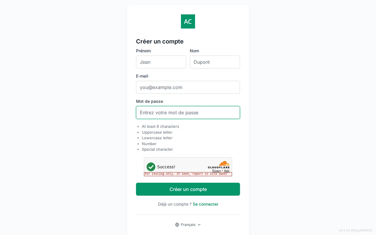 Account registration screen with first and last name fields, email, password, and a live password-policy checklist