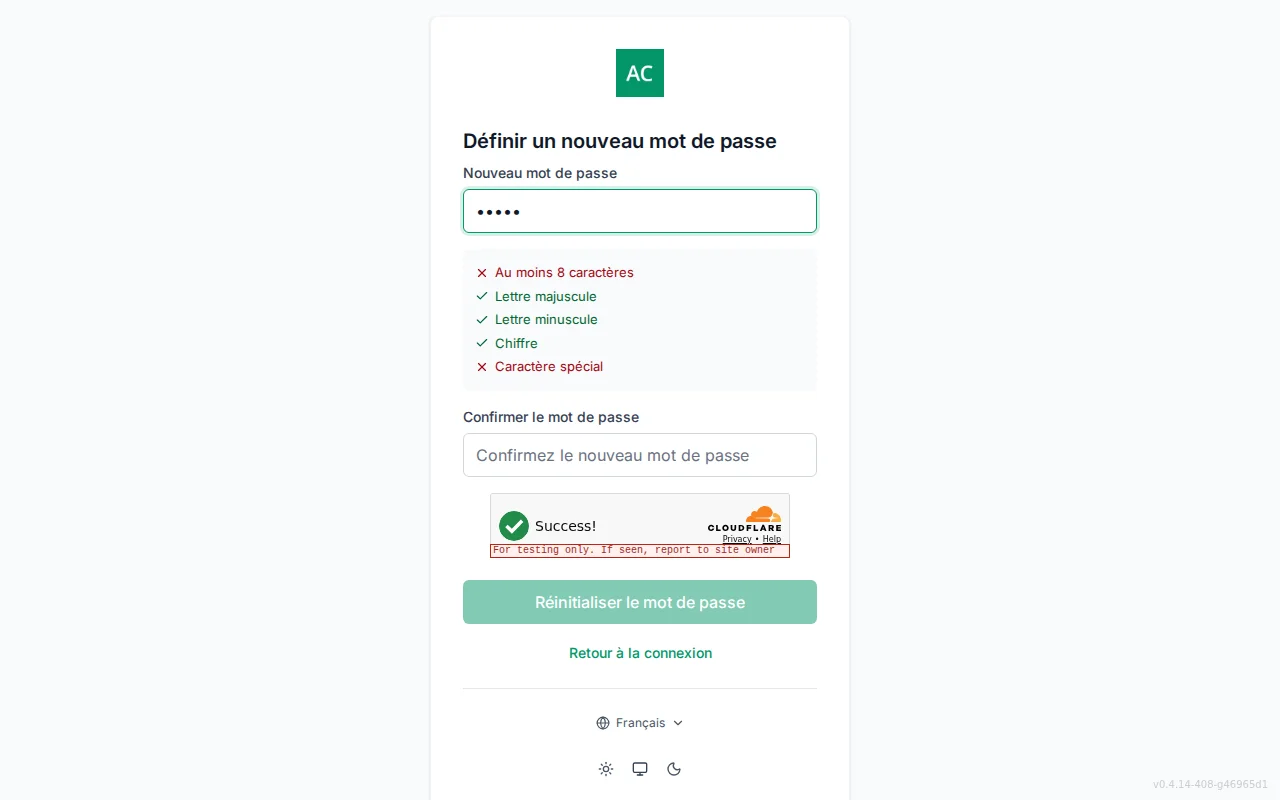 Reset-password screen with new and confirm password fields and a live per-rule requirement checklist