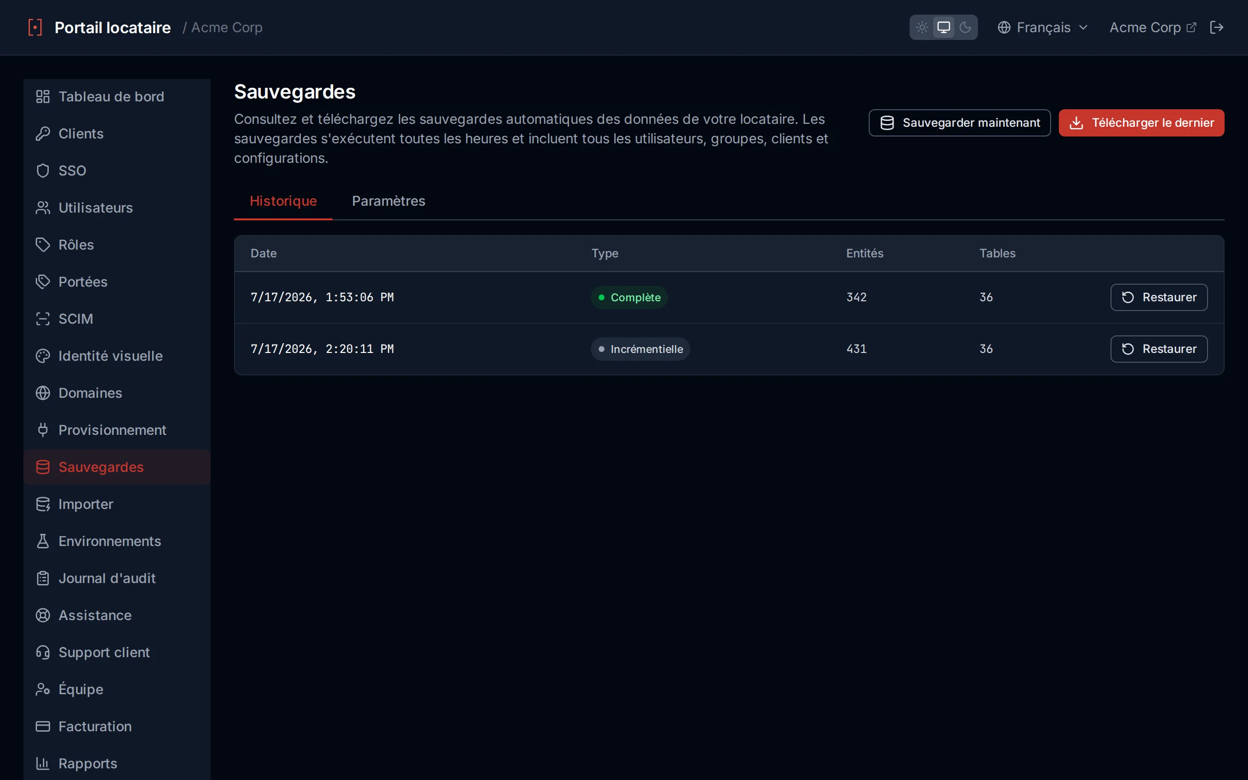 Backups page showing backup history with timestamps, types, and entity counts