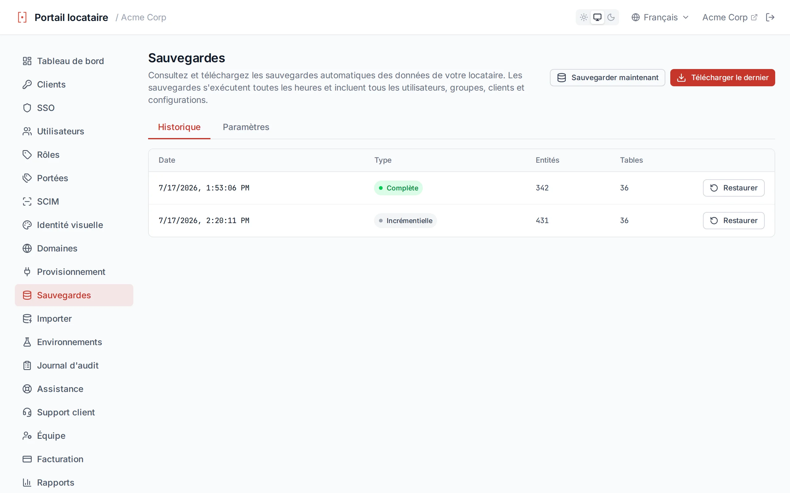 Backups page showing backup history with timestamps, types, and entity counts
