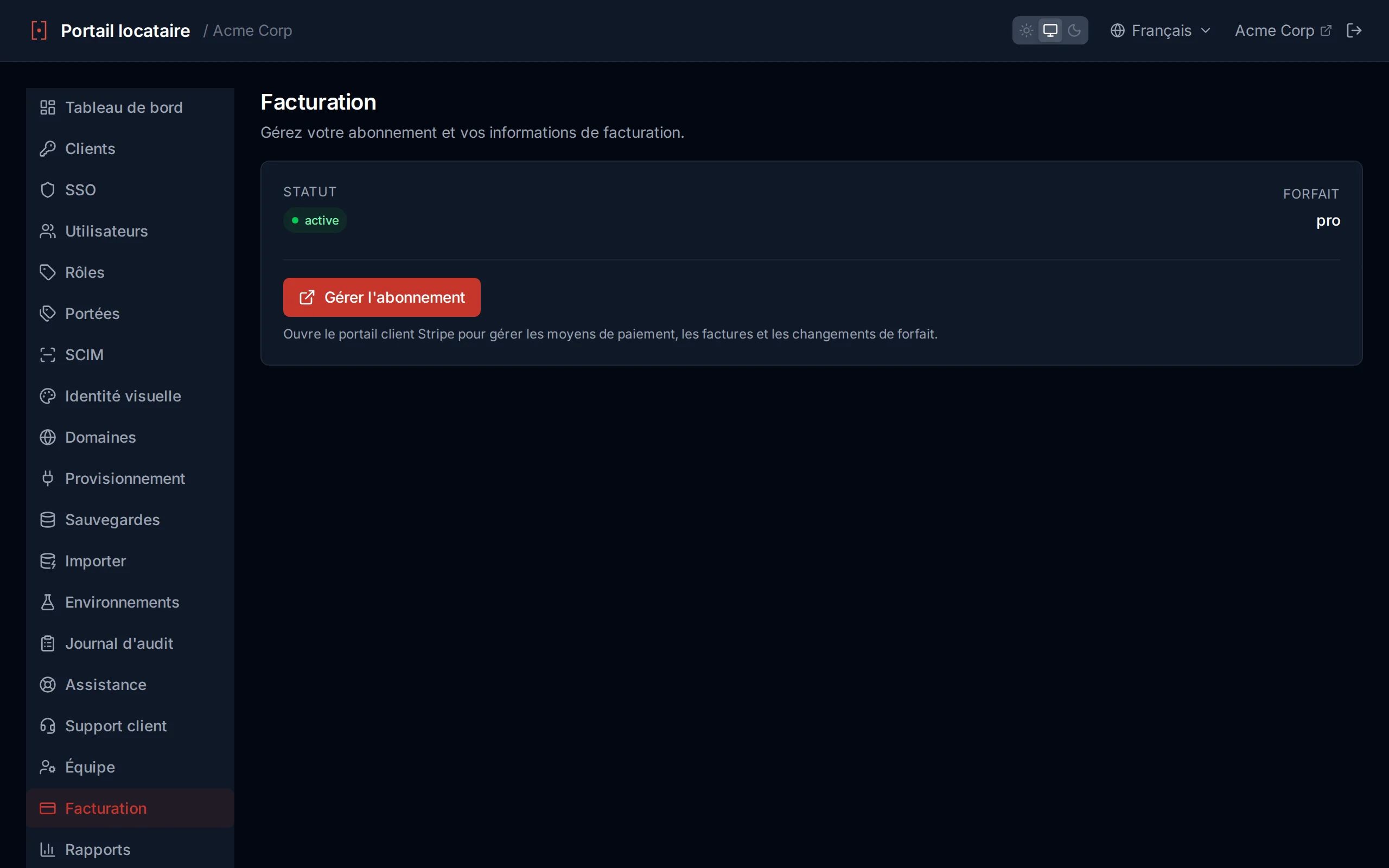 Billing page showing subscription status, plan name, billing period, and Manage Subscription button