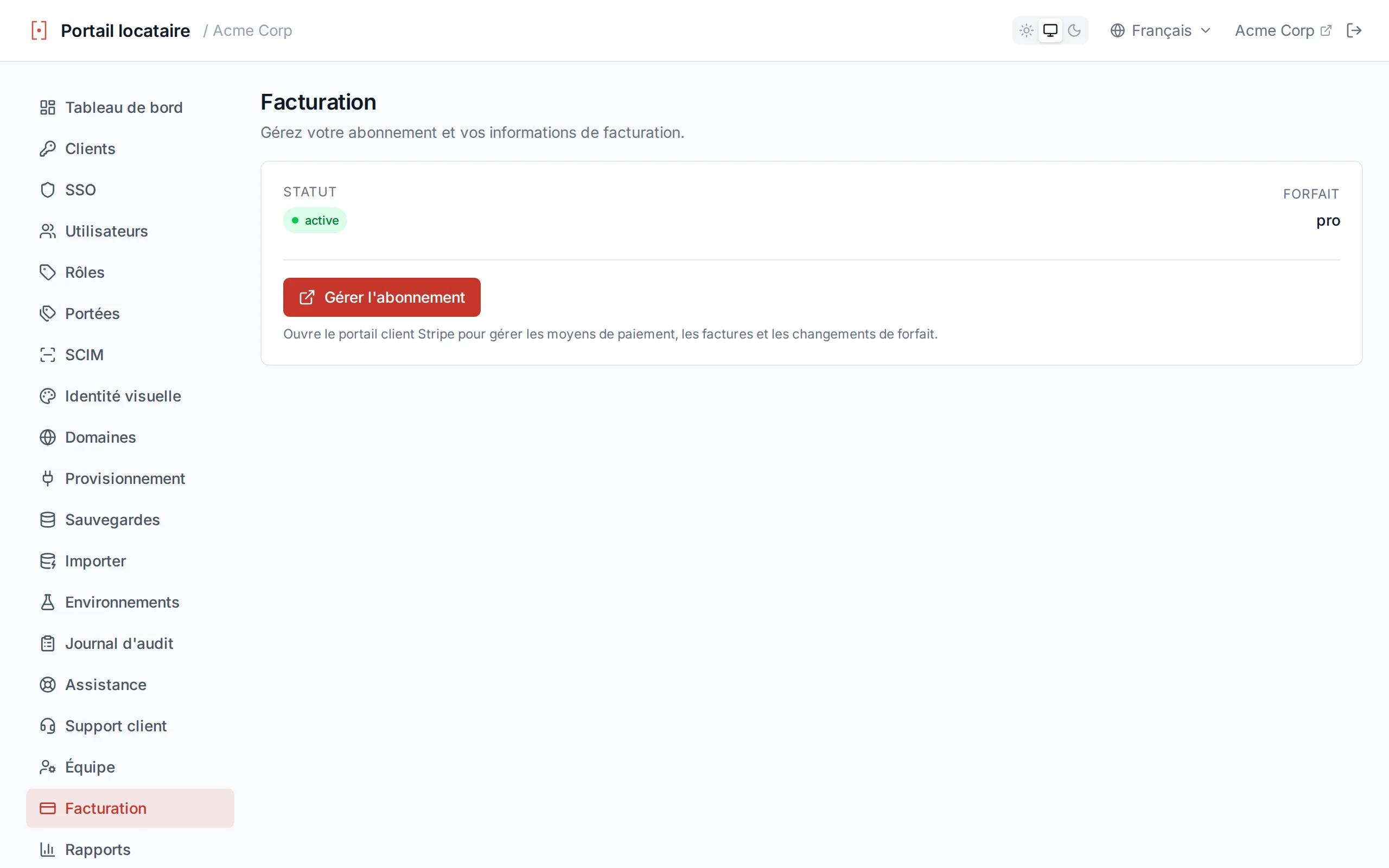 Billing page showing subscription status, plan name, billing period, and Manage Subscription button