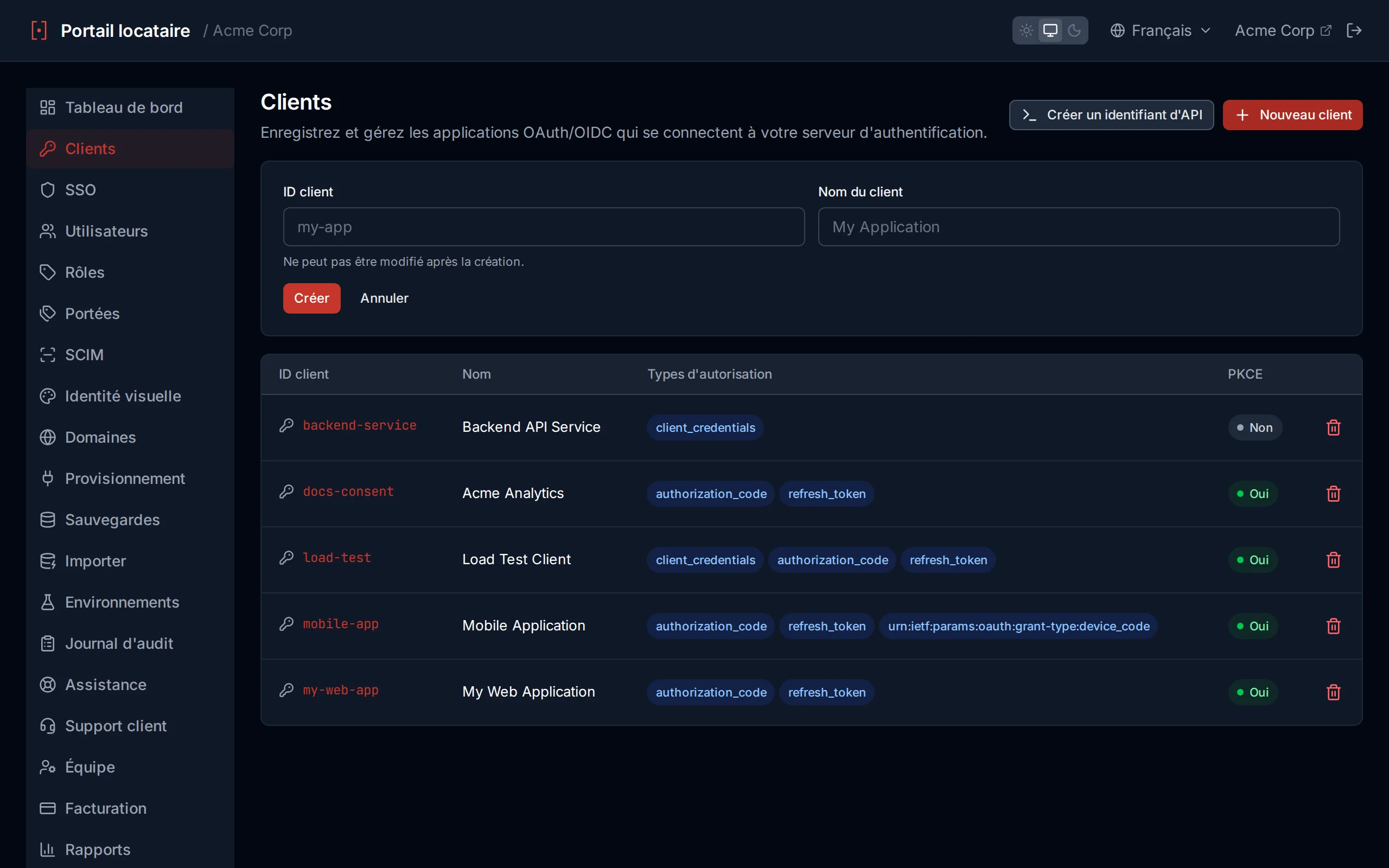 Client creation form with clientId, clientName, and redirect URI fields