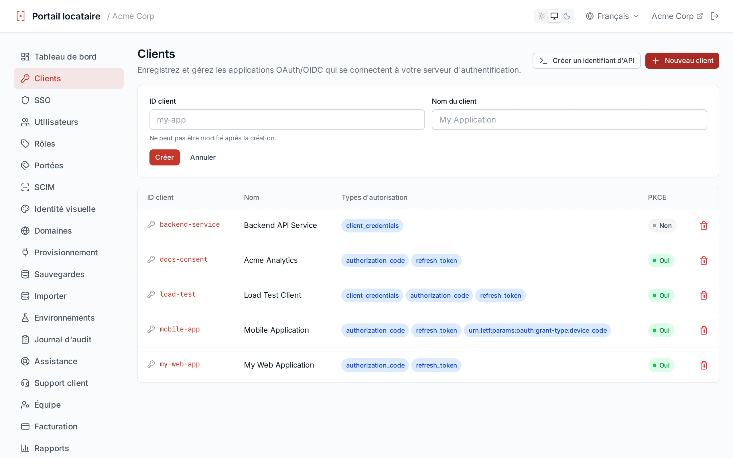 Create client form with clientId and clientName input fields