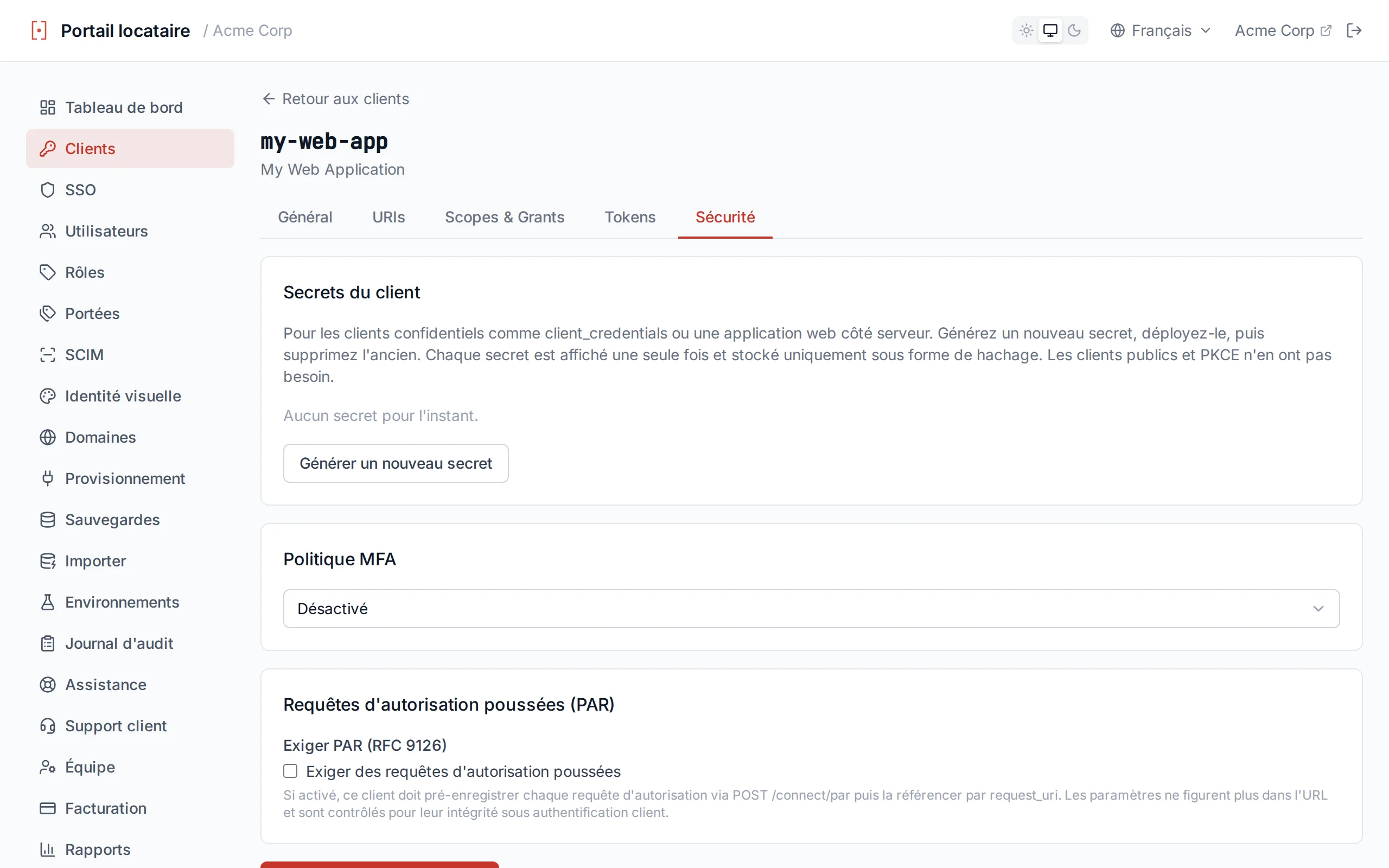 MFA policy dropdown showing Disabled, Enabled, and Required options on the client configuration page
