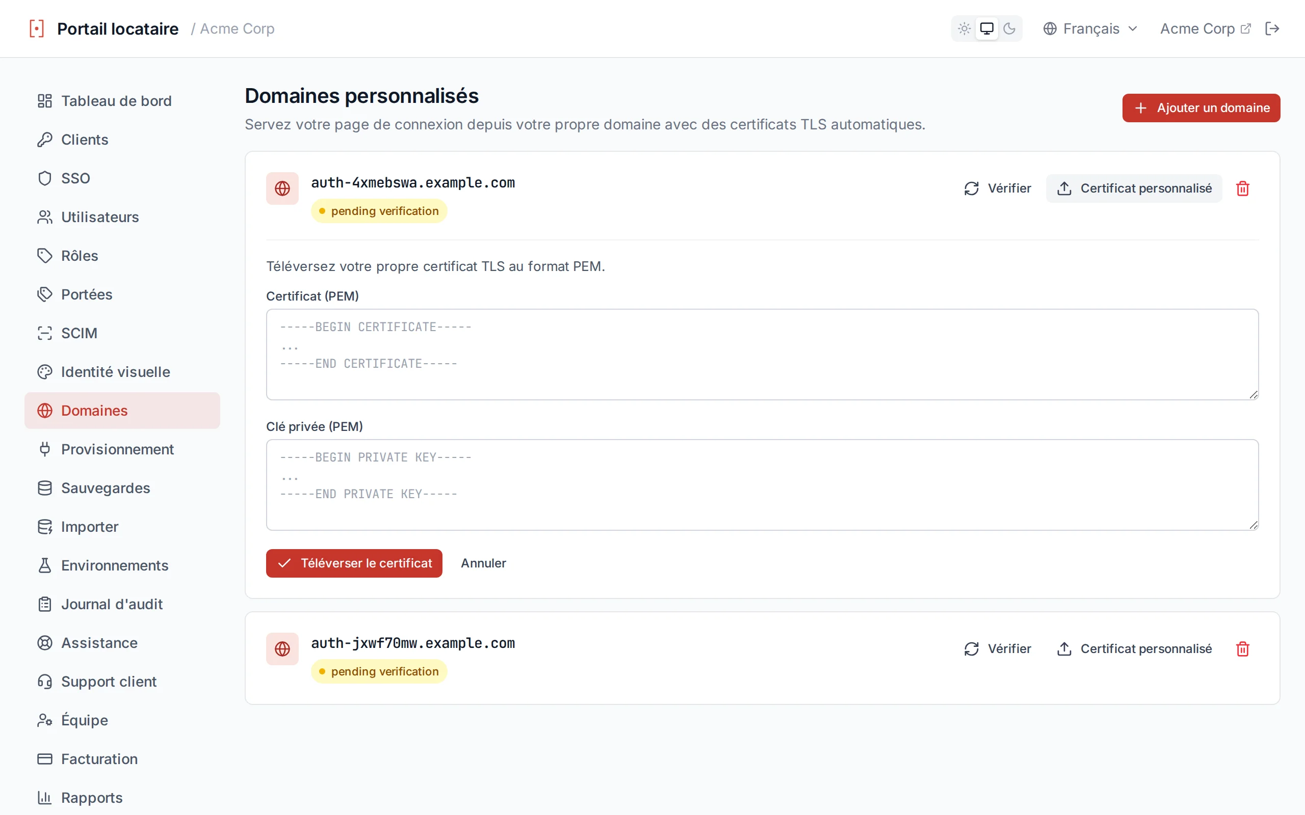 BYO certificate upload form with certificate and private key PEM fields