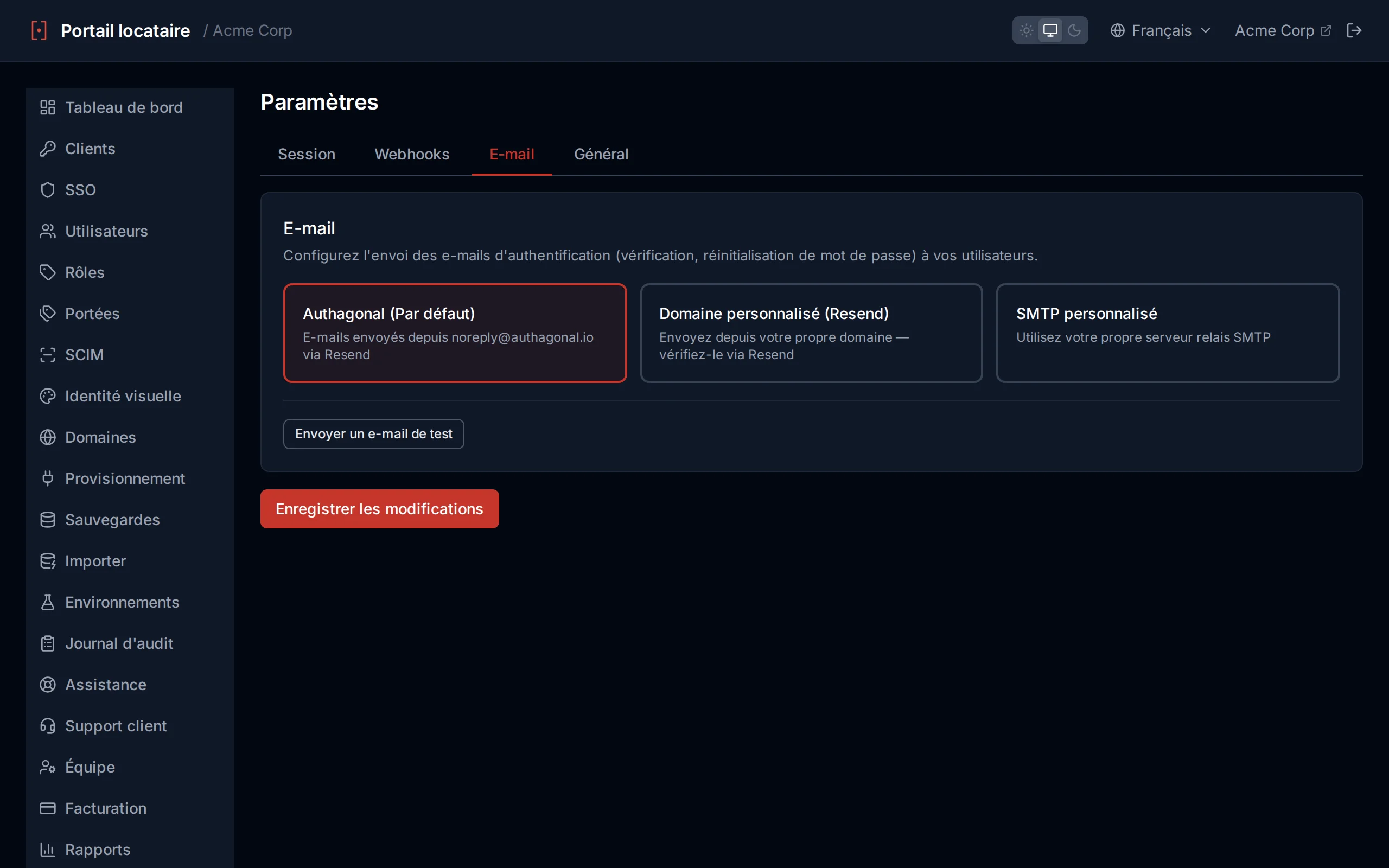 Email settings showing provider options (default, Resend domain, custom SMTP) and a test-send