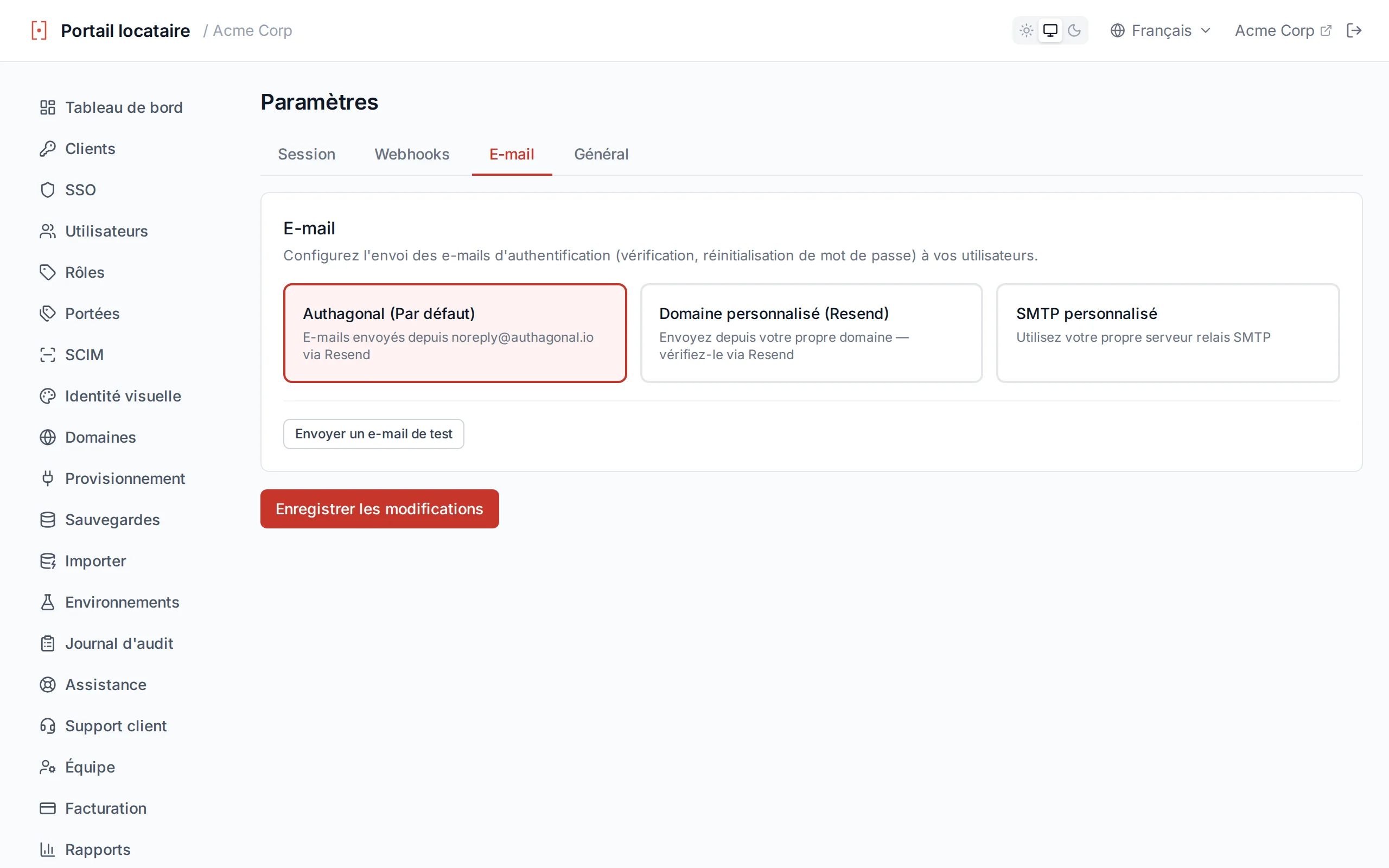 Email settings showing provider options (default, Resend domain, custom SMTP) and a test-send