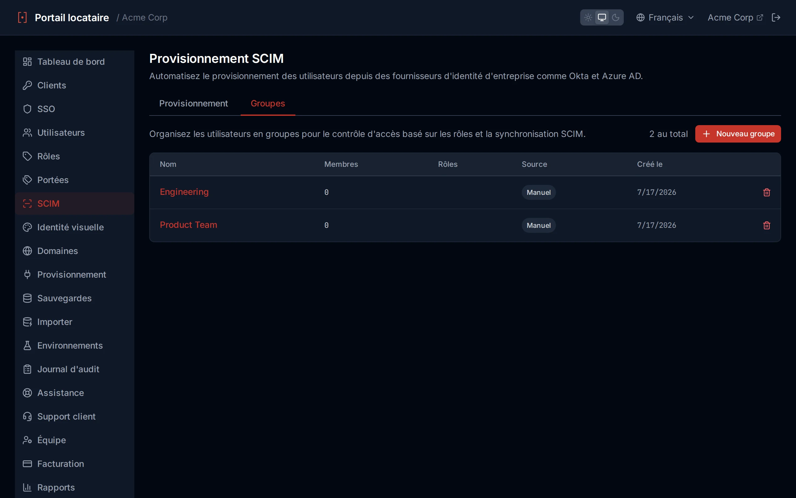Groups list table showing group name, member count, source badge, and created date