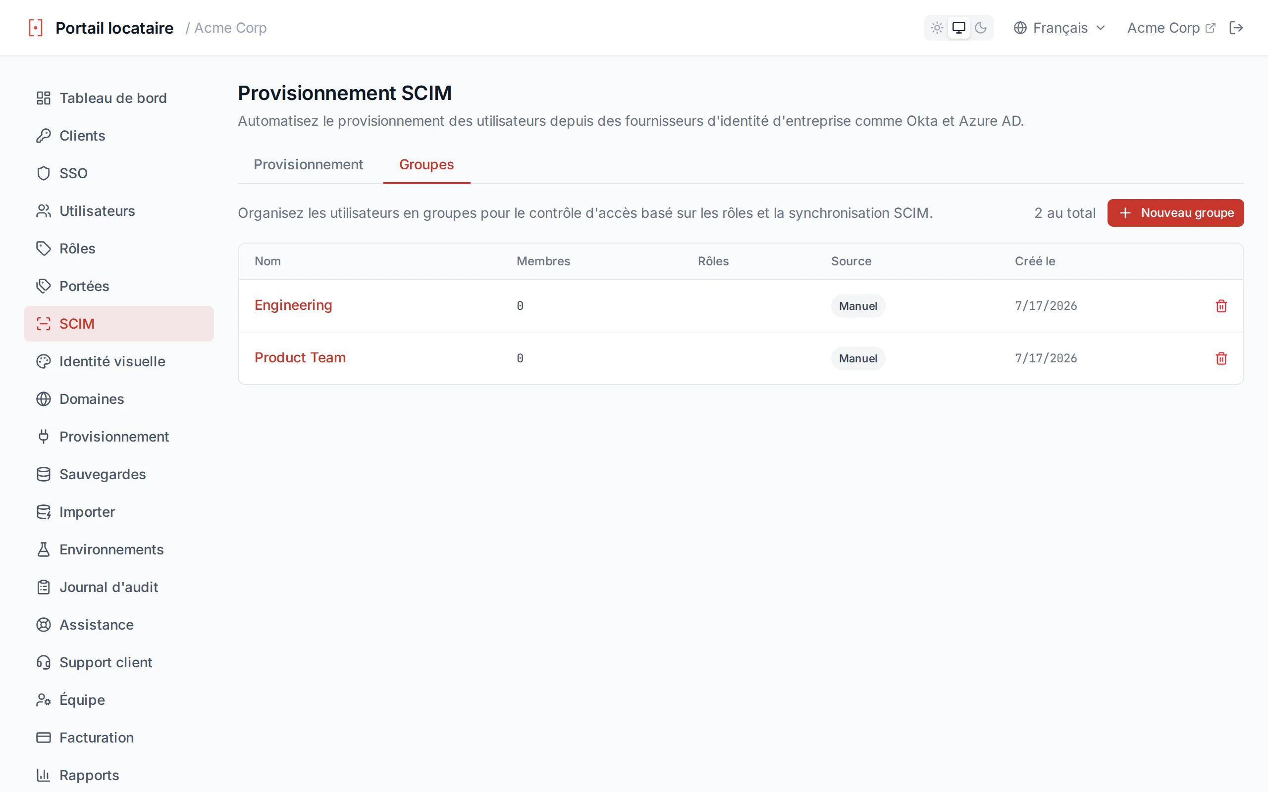 Groups list table showing group name, member count, source badge, and created date