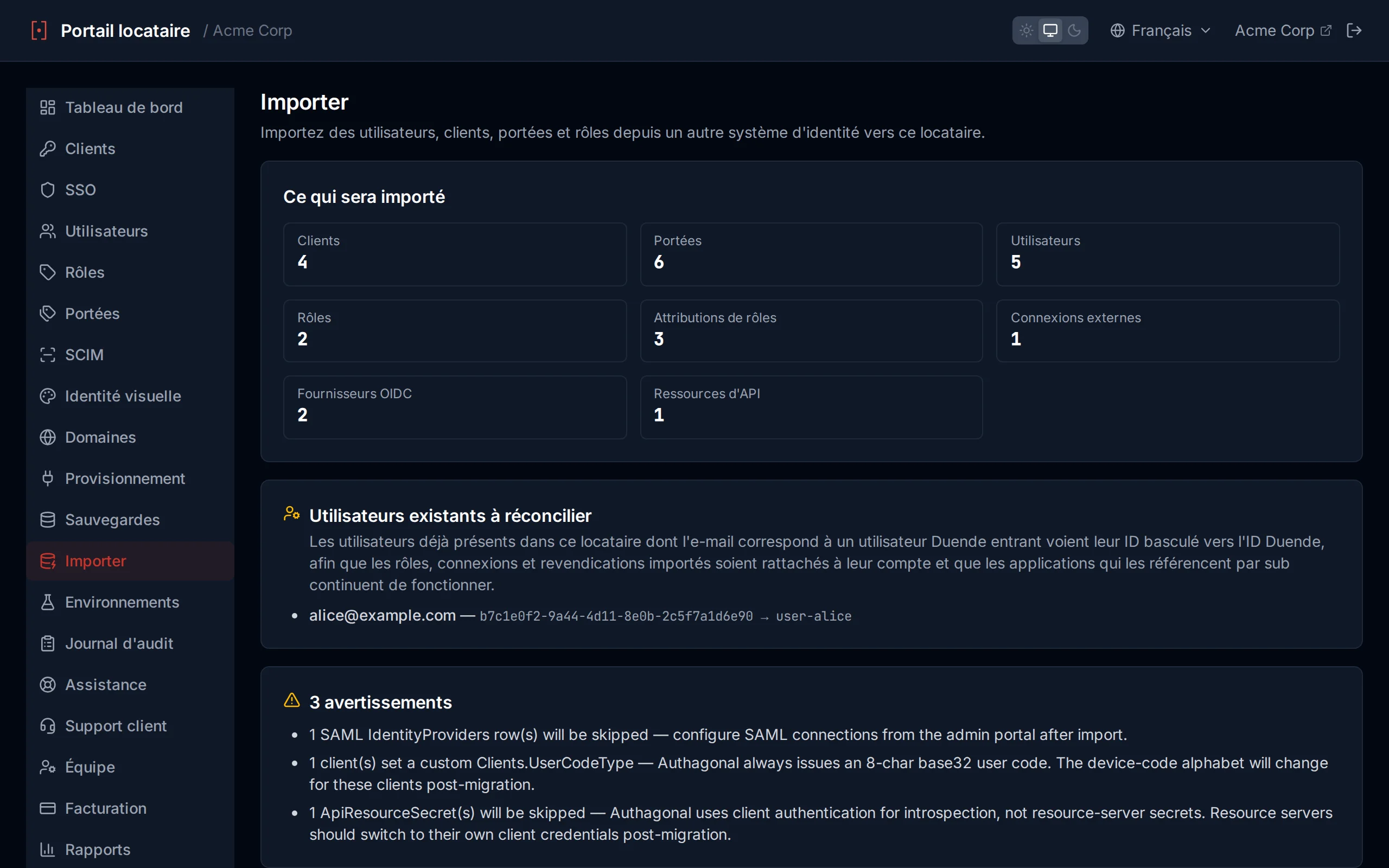 Import preview panel showing entity counts and warnings before committing the import