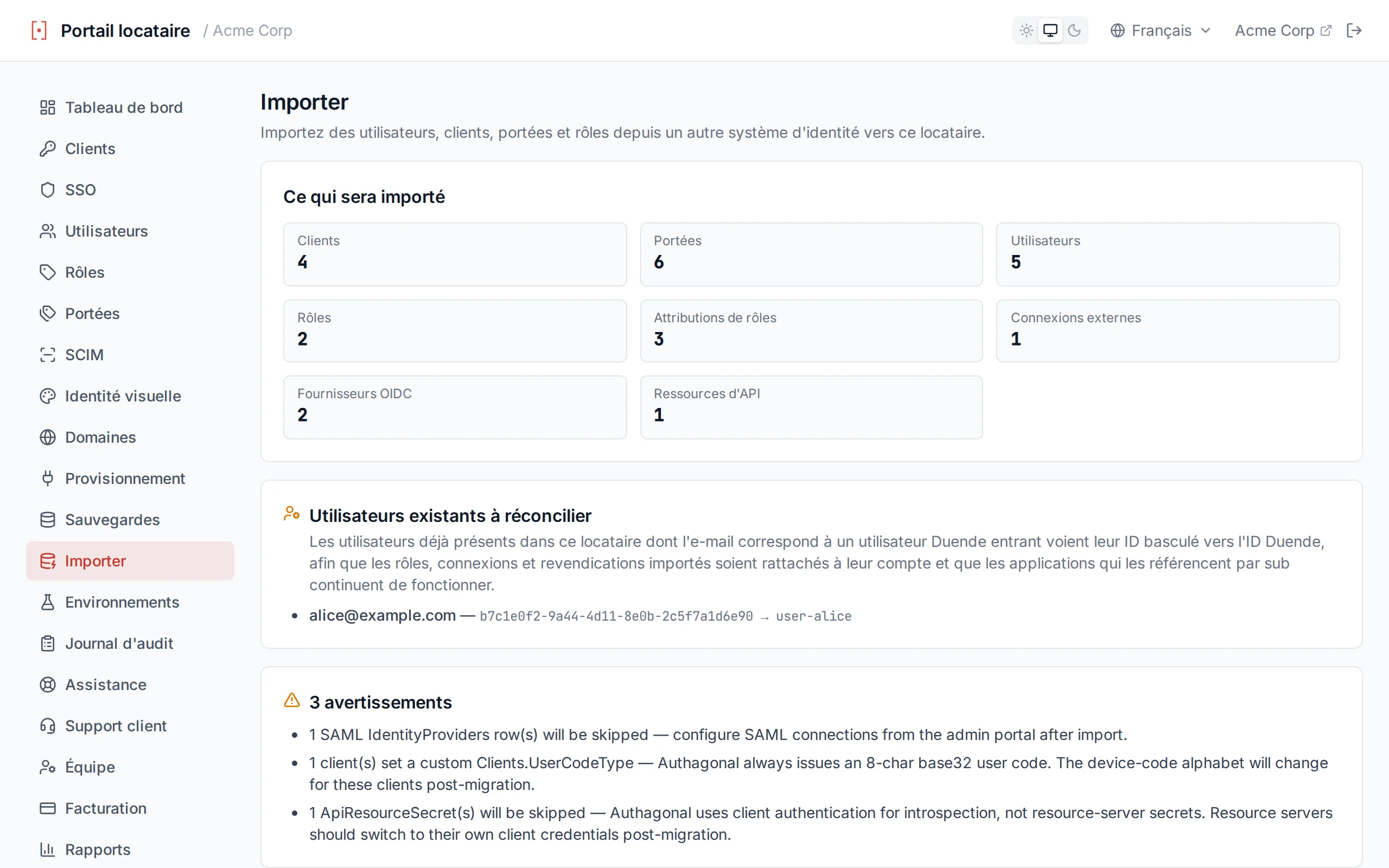 Import preview panel showing entity counts and warnings before committing the import