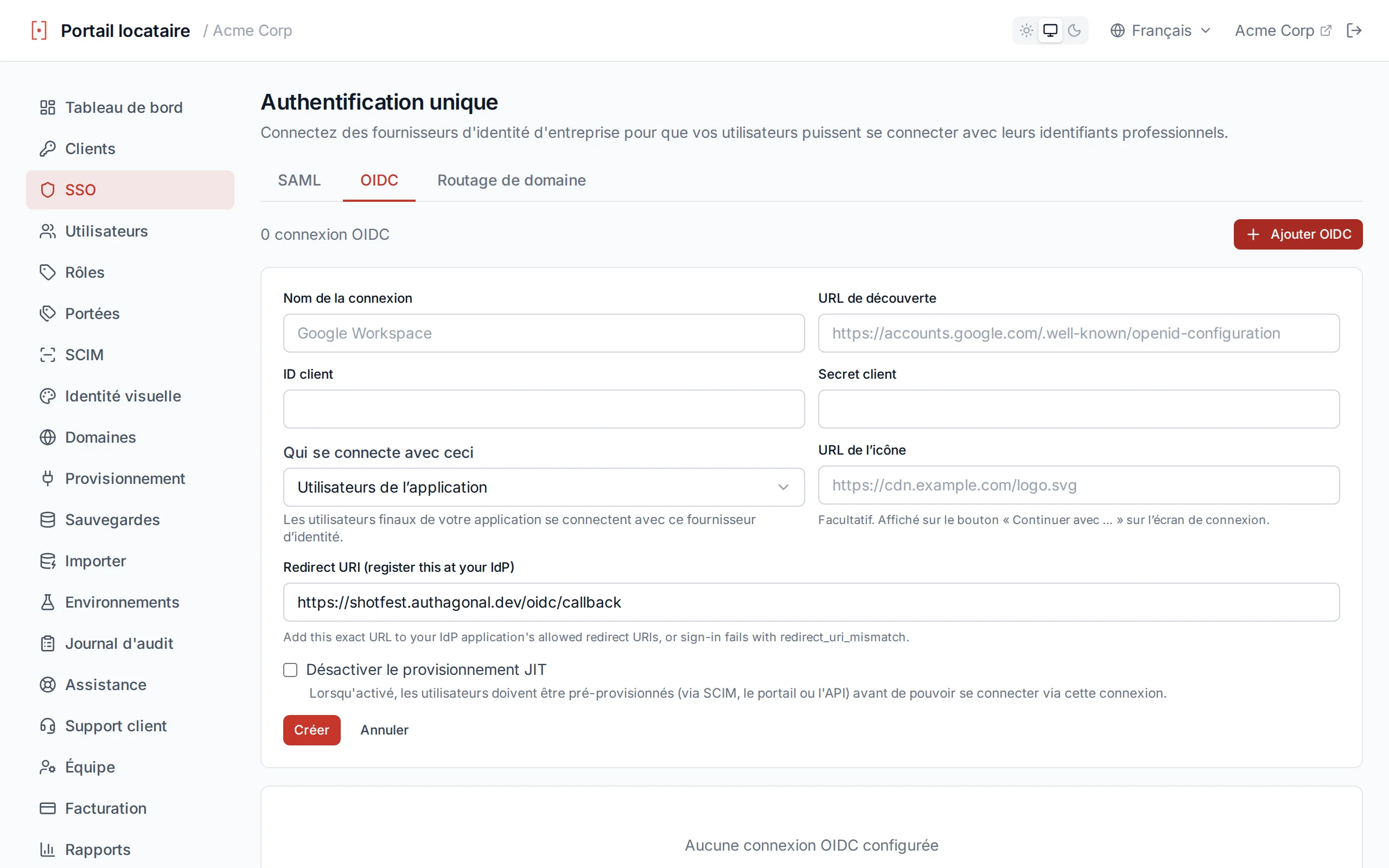 OIDC connection creation form with fields for connection name, discovery URL, client ID, and client secret