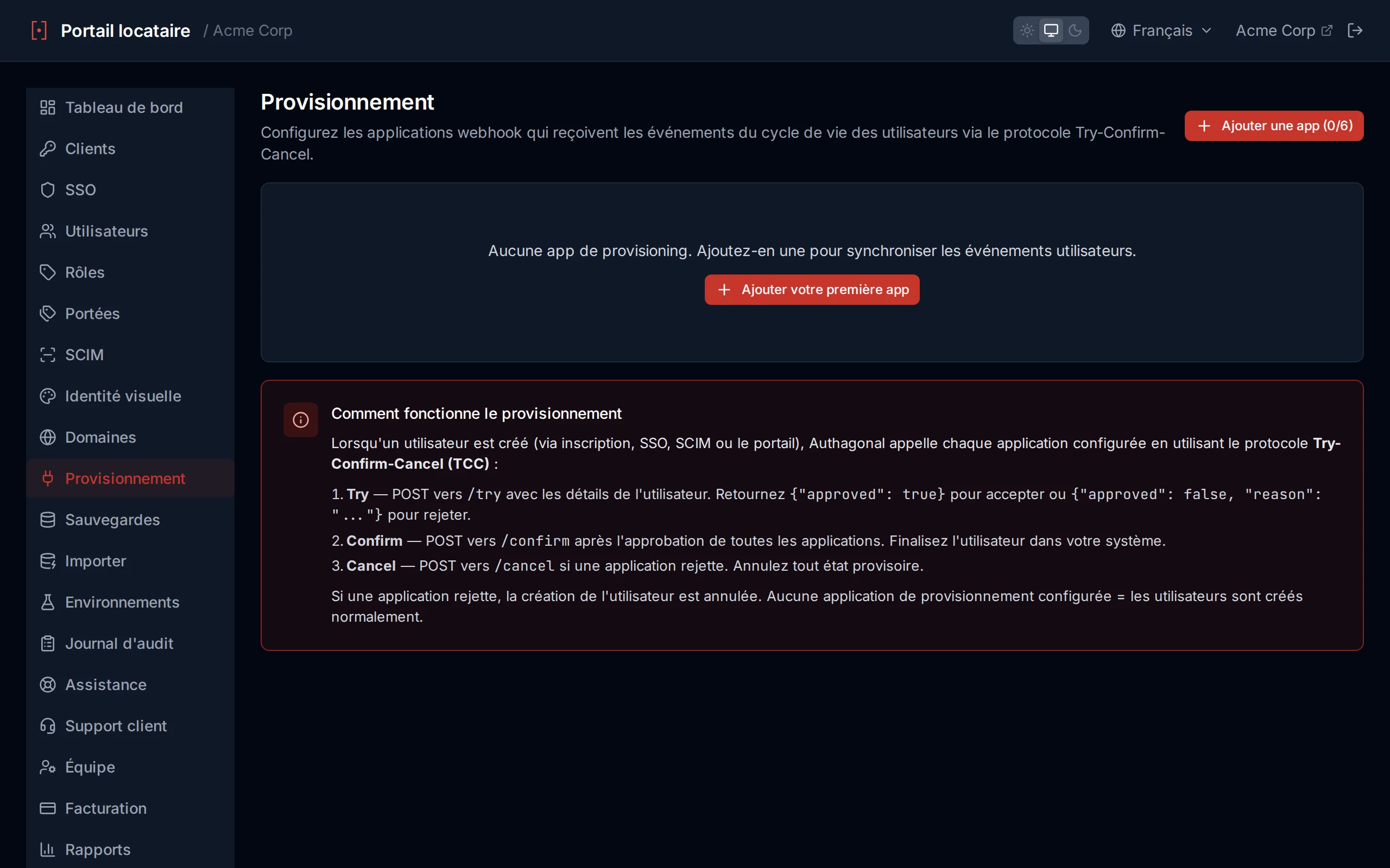 Provisioning apps page showing configured apps with test results displaying HTTP status and response body