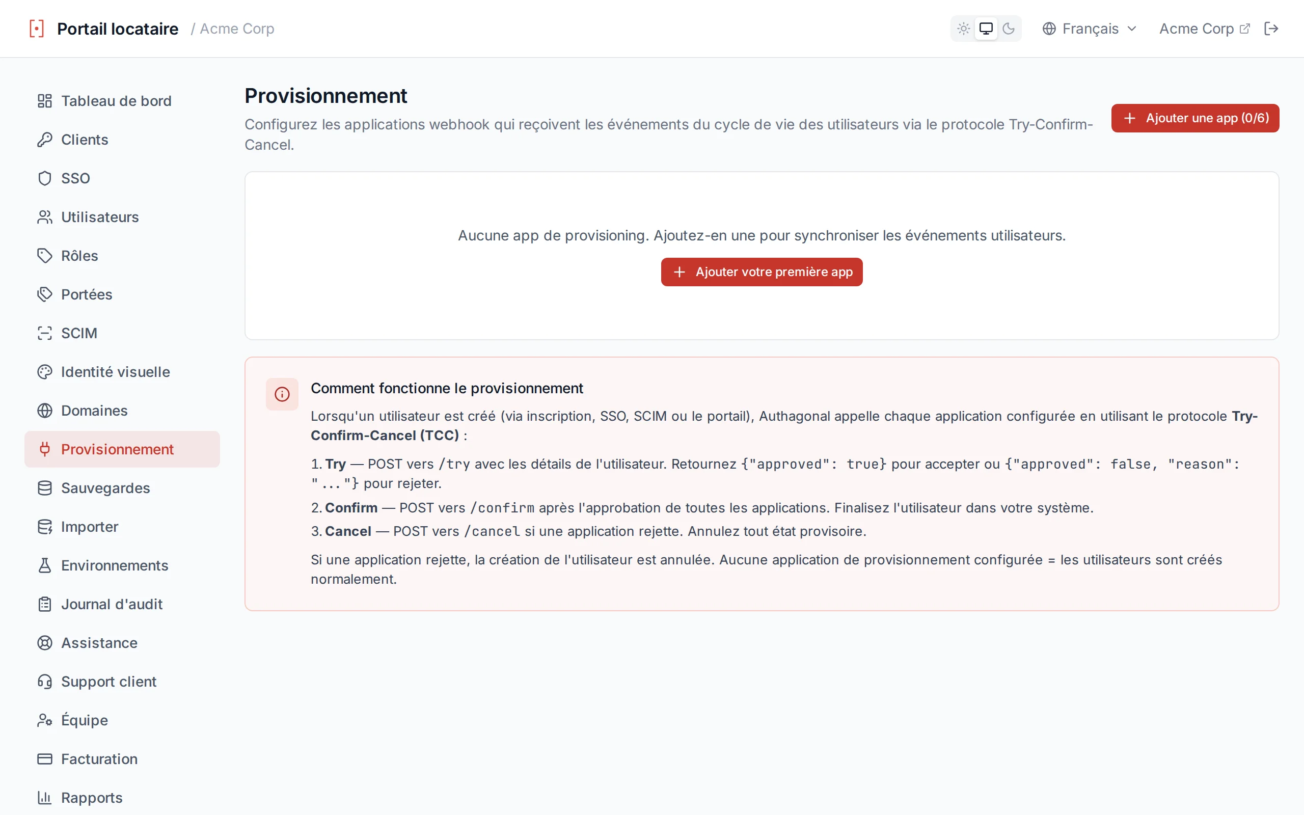 Provisioning apps page showing configured apps with test results displaying HTTP status and response body