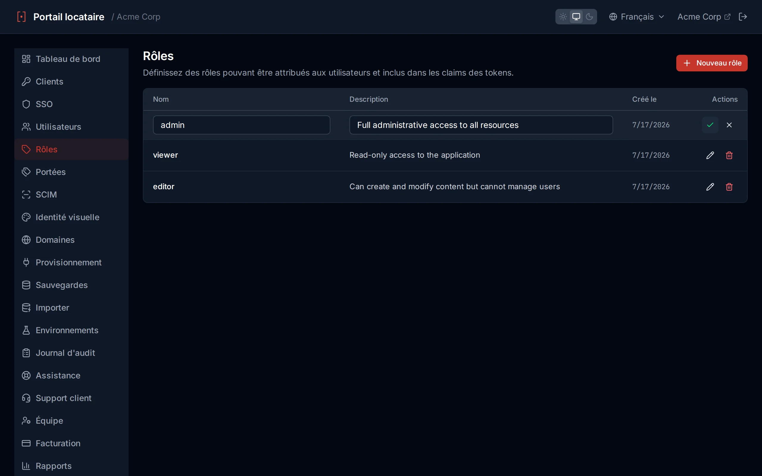 Roles table with inline editing active, showing editable name and description fields with save and cancel icons