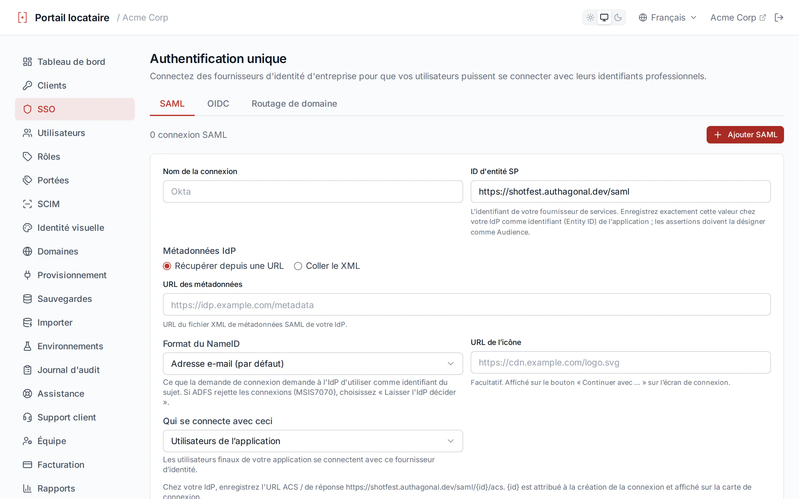 SAML connection creation form with fields for connection name, entity ID, and metadata URL