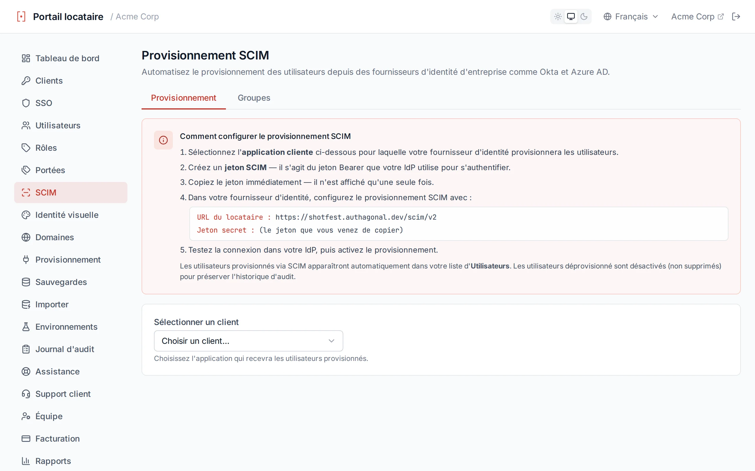 SCIM token list showing active and revoked tokens with description, expiry date, and revoke button