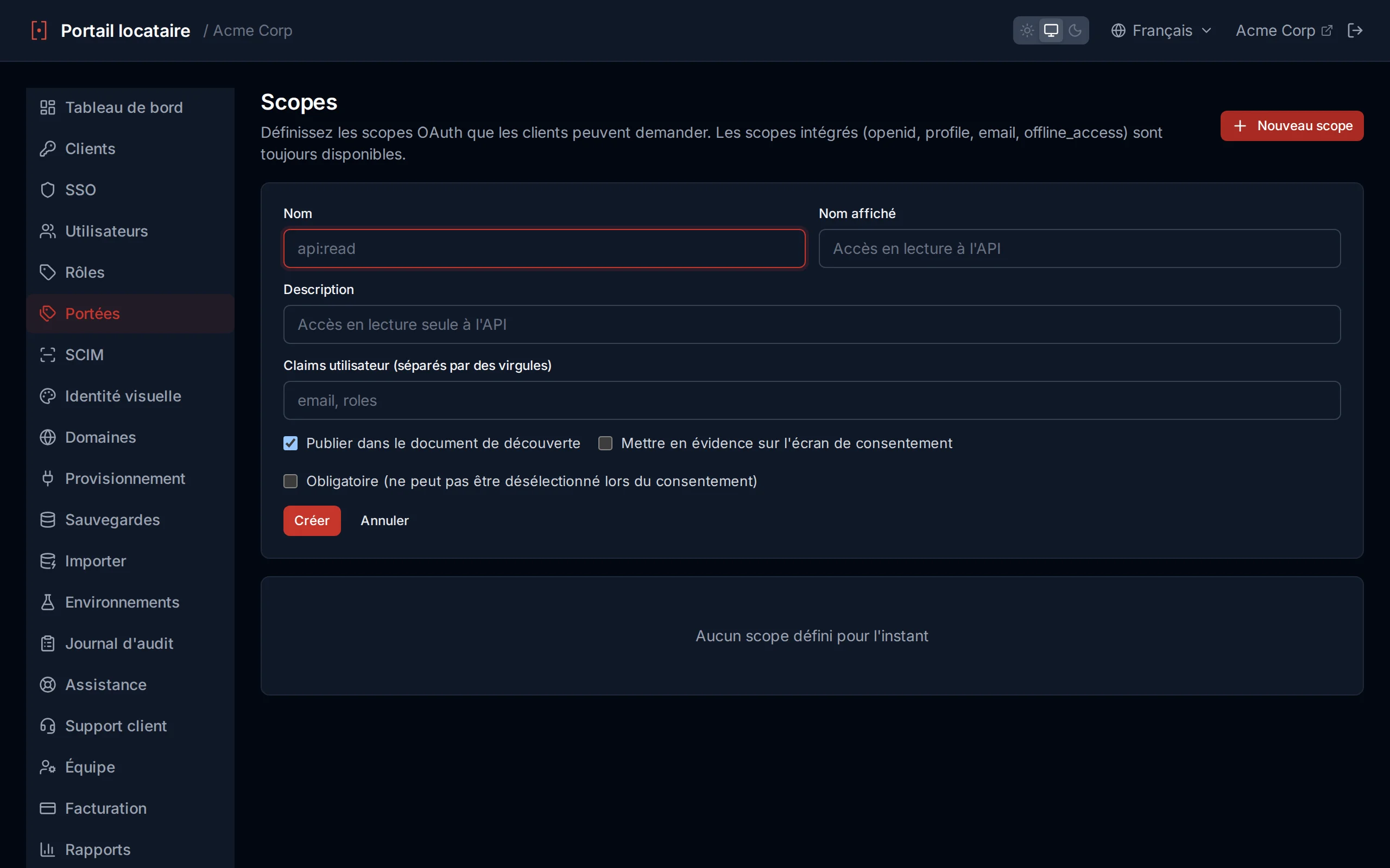 Custom scope creation form with name, display name, description and User Claims fields