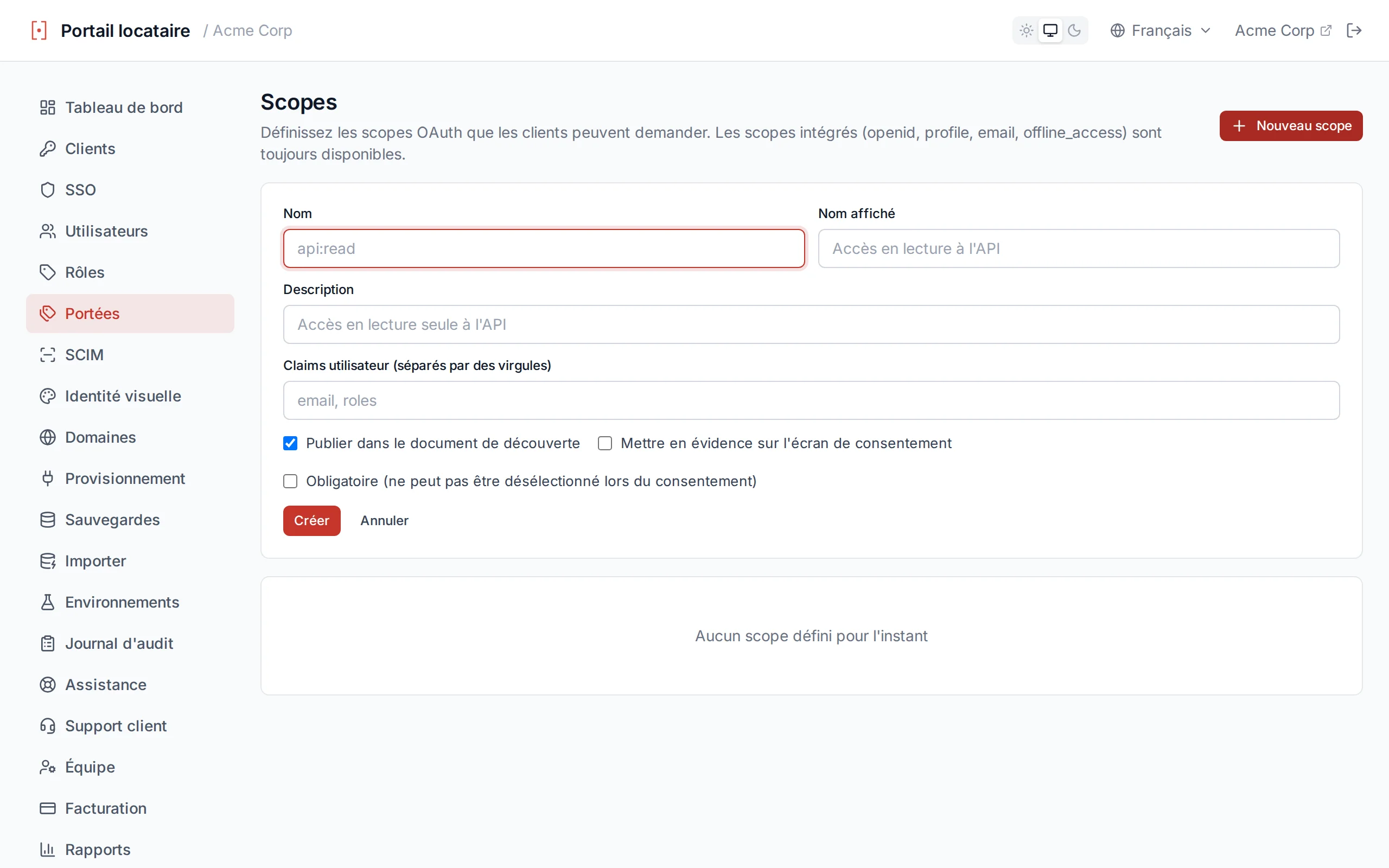 Custom scope creation form with name, display name, description and User Claims fields