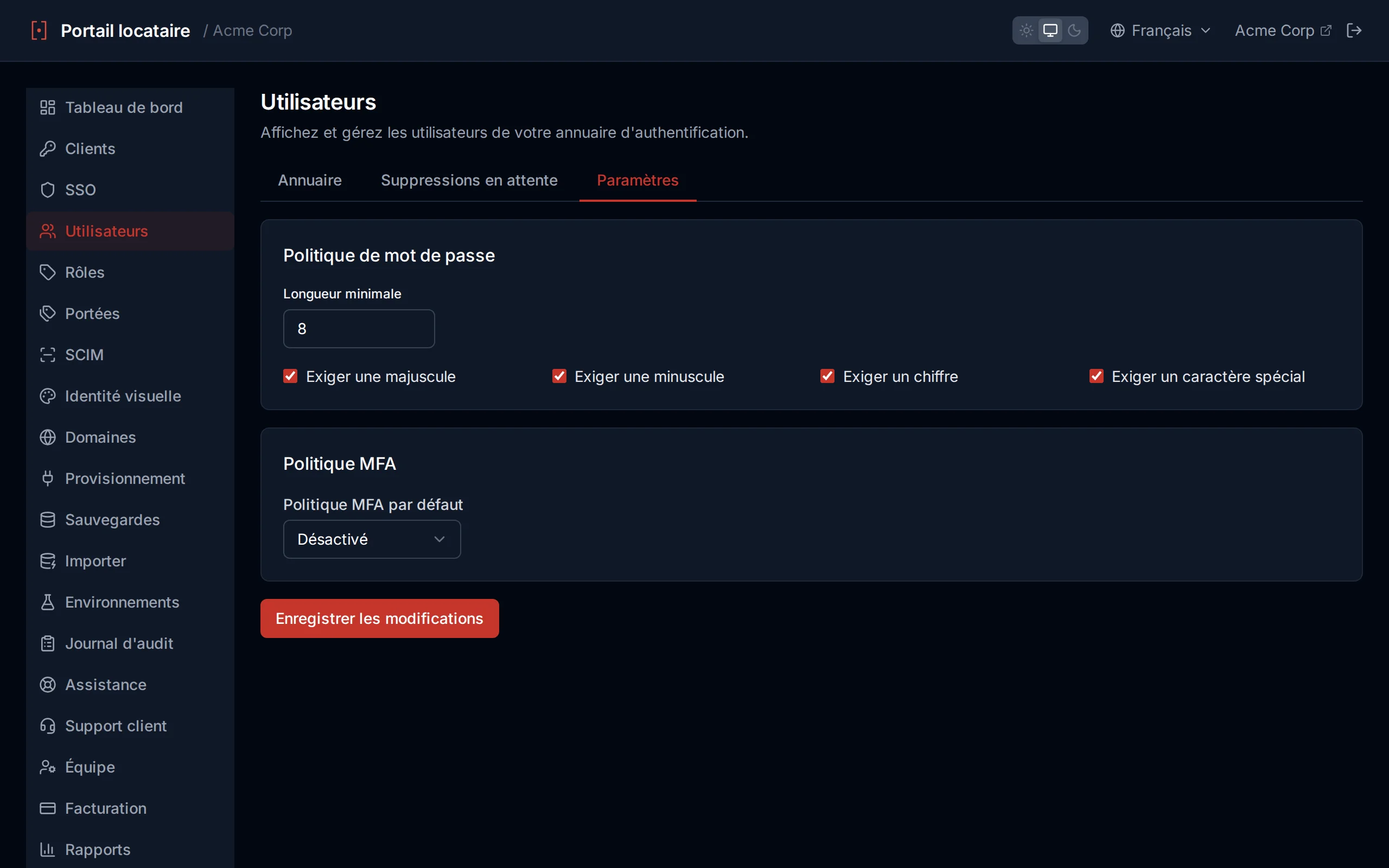 Password policy settings showing minimum length slider and toggle switches for character requirements