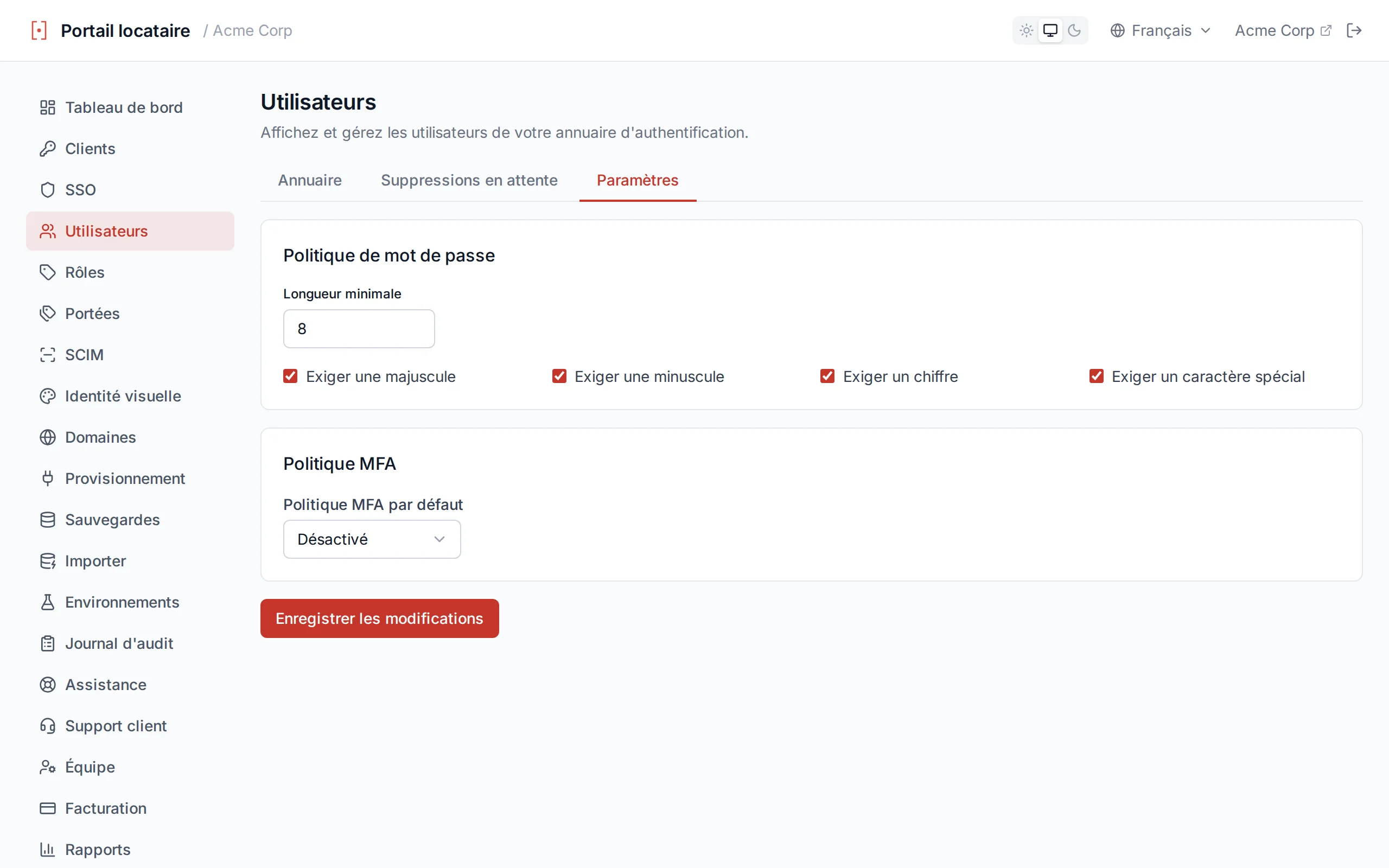 Password policy settings showing minimum length slider and toggle switches for character requirements
