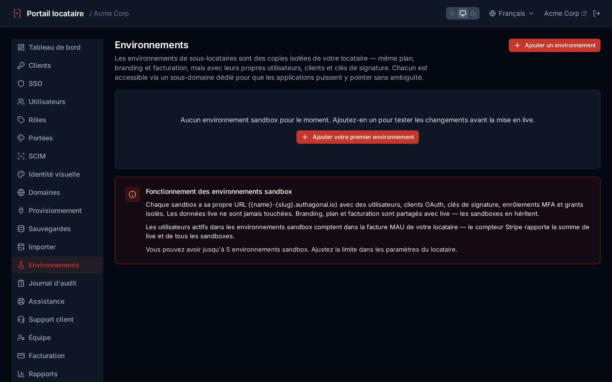 Sandbox settings showing enable/disable toggle, refresh from live button, and sandbox URL display