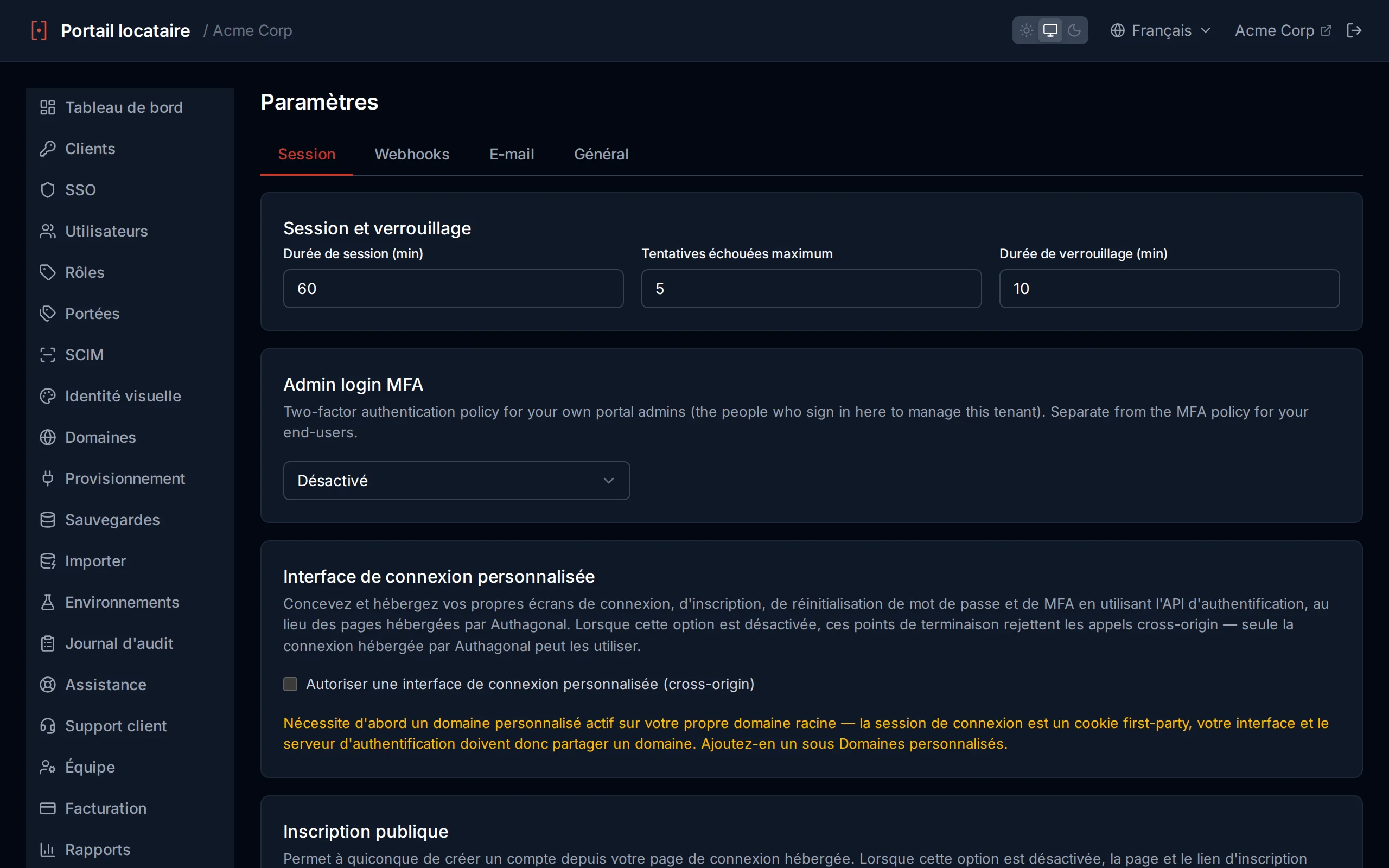 Session and lockout settings with numeric inputs for session lifetime, max failed attempts, and lockout duration