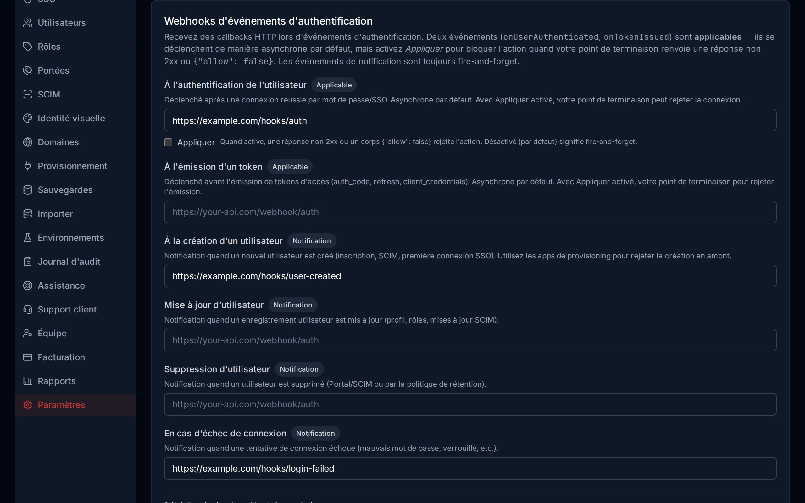 Webhook configuration section showing URL inputs for each event type, timeout slider, and fail-open toggle