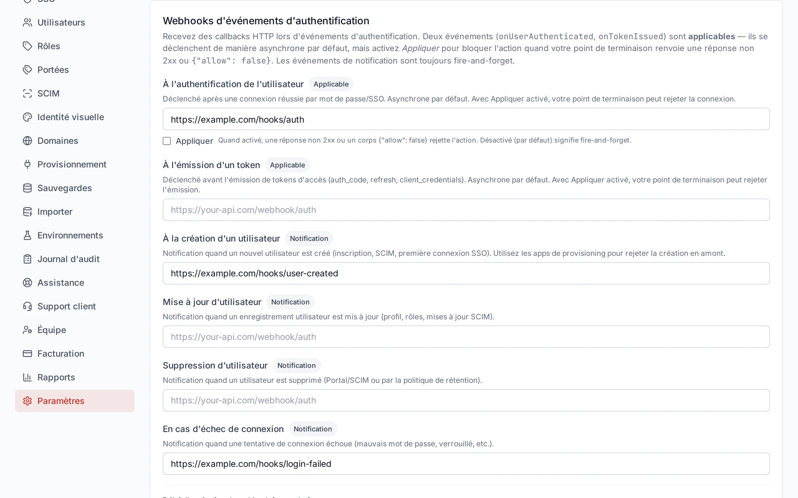 Webhook configuration section showing URL inputs for each event type, timeout slider, and fail-open toggle