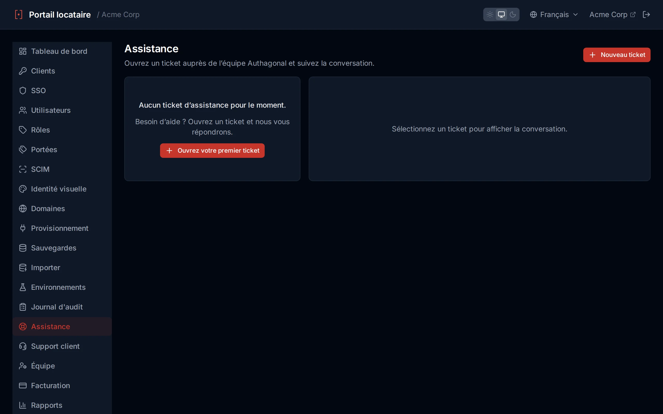 Support ticket thread showing the conversation between the customer and the Authagonal team with a reply box and file attachment control