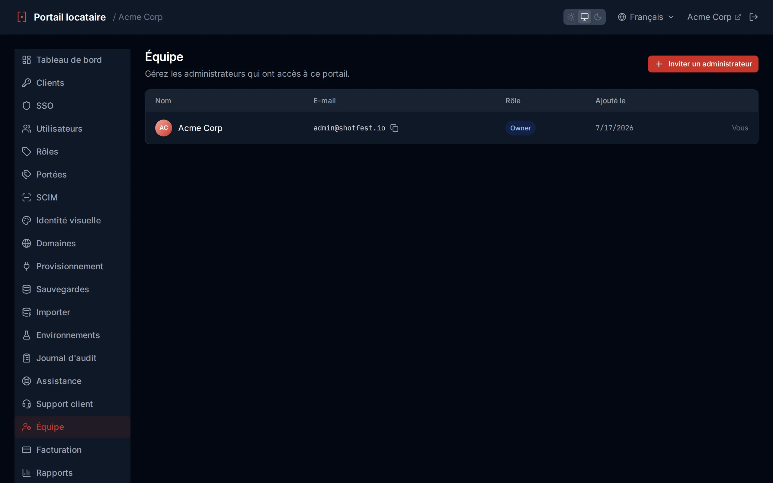 Team page showing the admin list with name, email, date added columns, a You indicator, and invite/remove controls