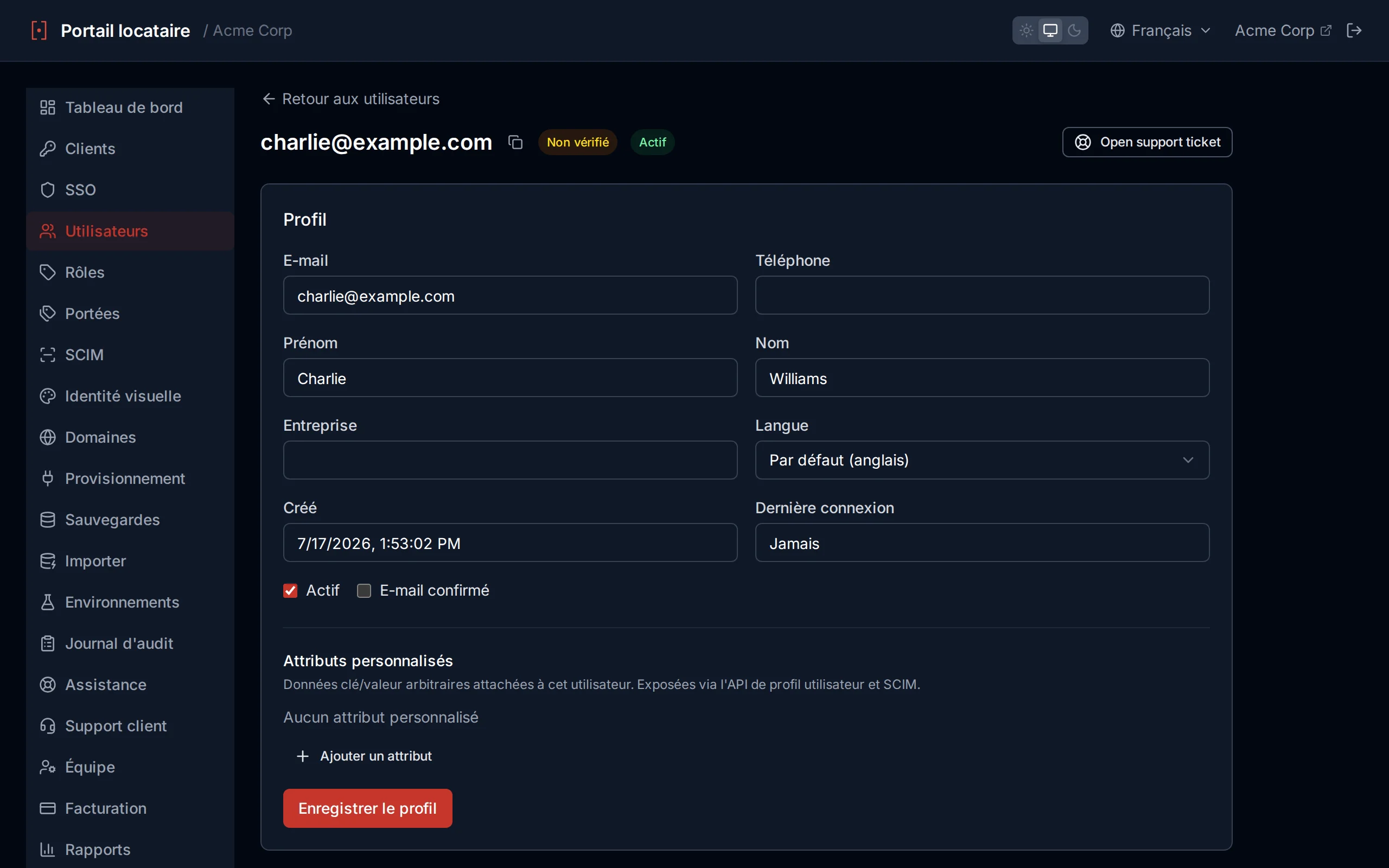 User detail page showing profile fields, status, assigned roles, and custom attributes