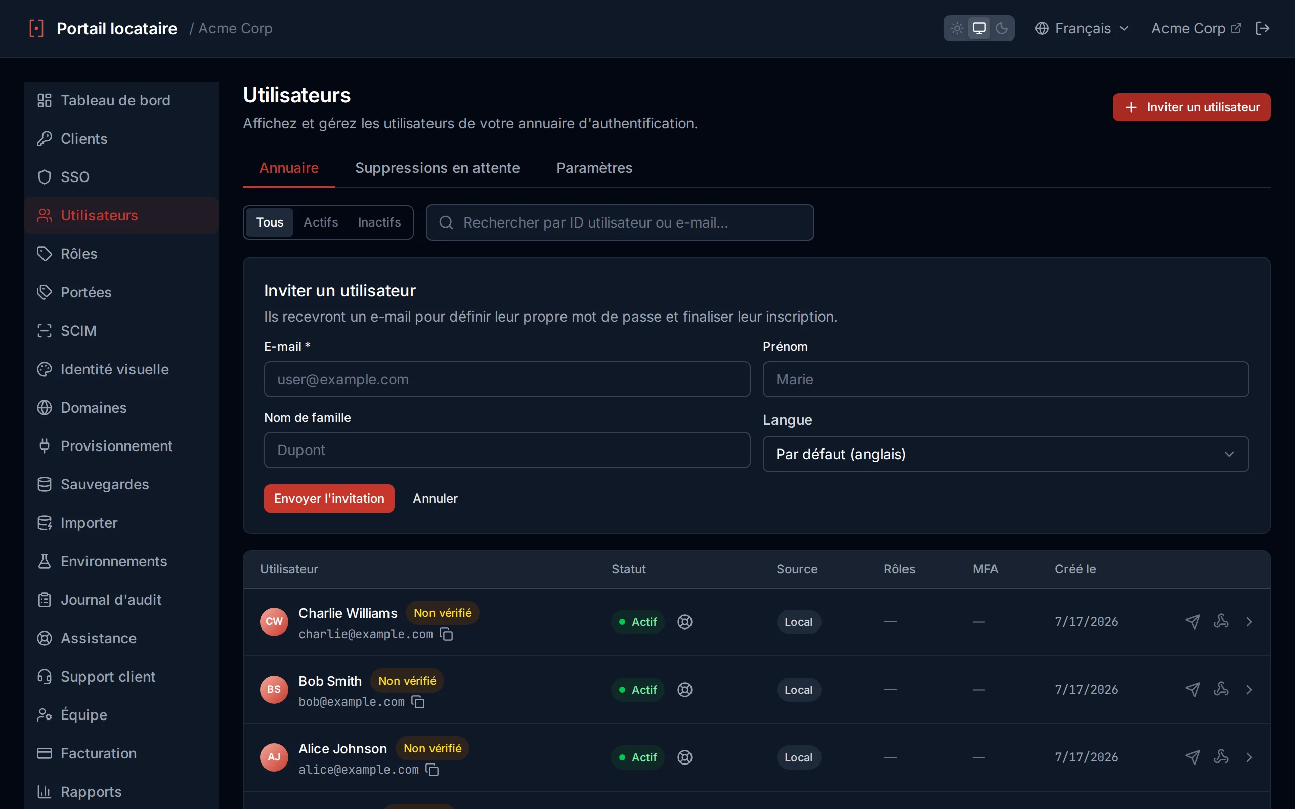 Create user form with email, password, first name, last name, and preferred Language fields
