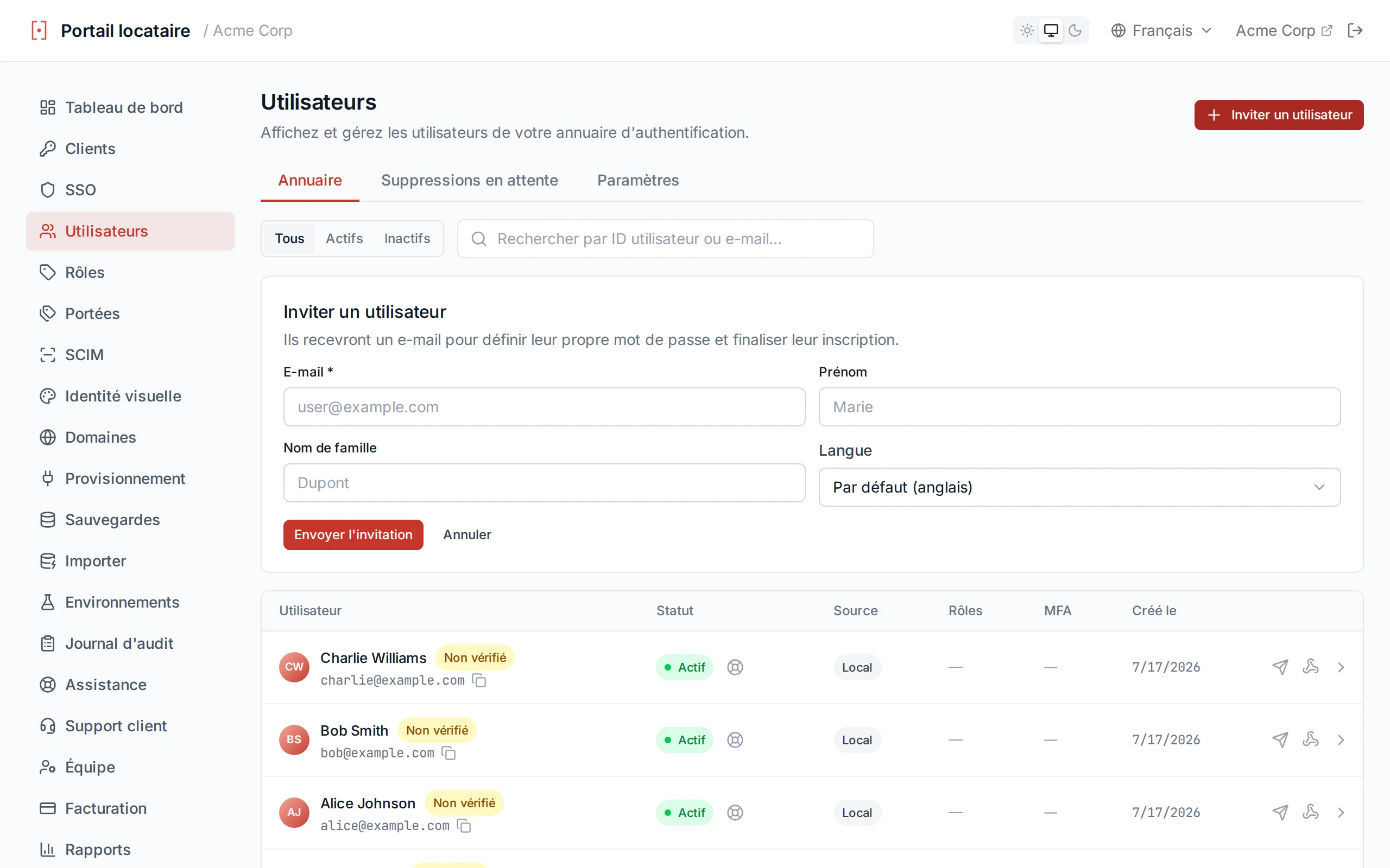 Create user form with email, password, first name, last name, and preferred Language fields