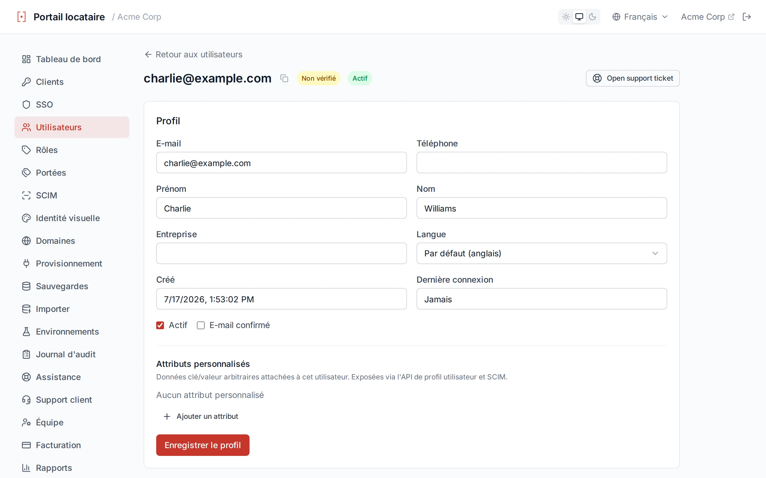 User detail edit form with profile fields including a preferred Language selector